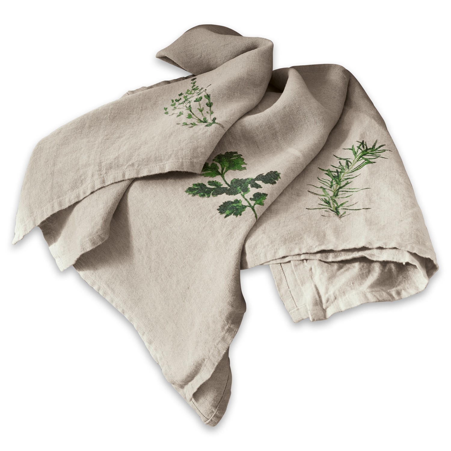Theedoek set van 3 Herbal Gardens Beige linnen theedoek met groene kruidenprints, praktisch keukentextiel