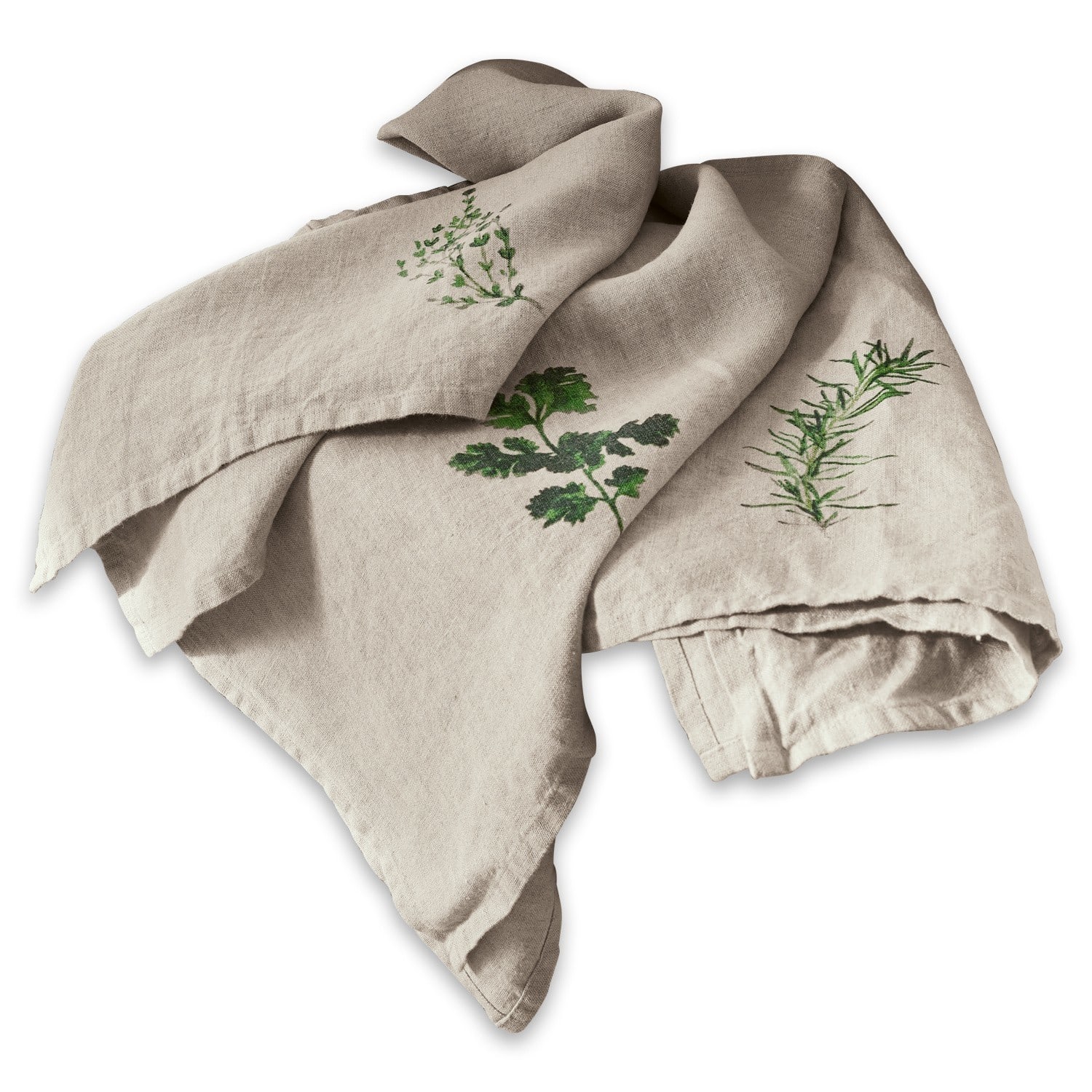 Theedoek set van 3 Herbal Gardens Beige linnen theedoek met groene kruidenprints, praktisch keukentextiel