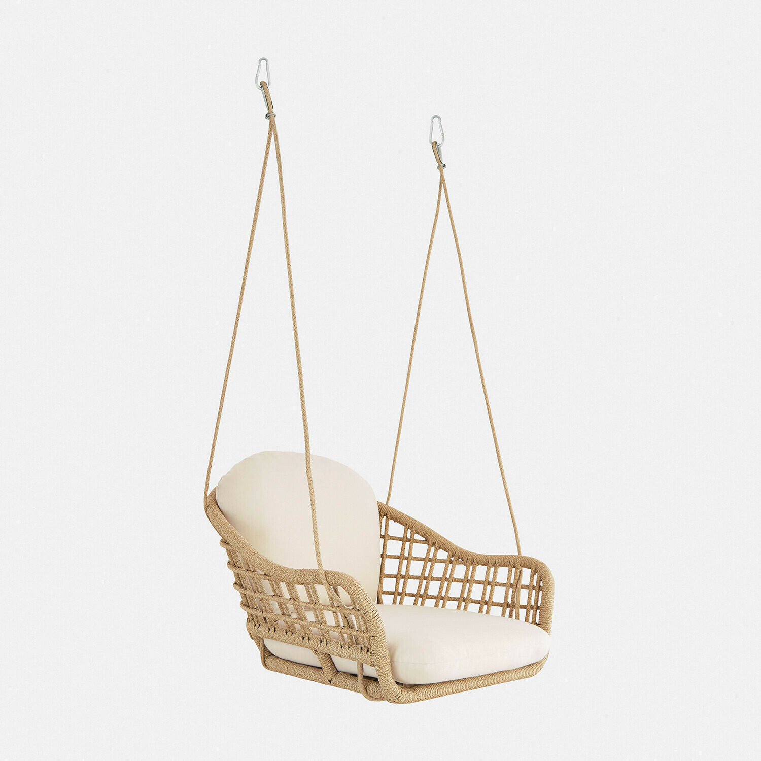 Hangstoel Ylvora Hangstoel van gevlochten touw met crèmekleurig kussen, comfortabele tuinmeubel