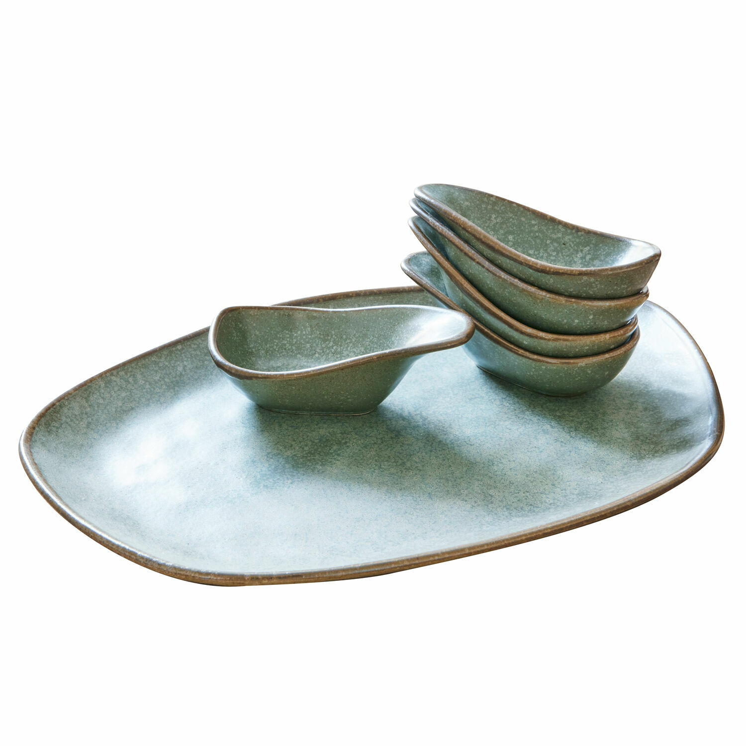 Set van 6 Biarritz keramische schaaltjes in turquoise en bruin op een groot serveerblad