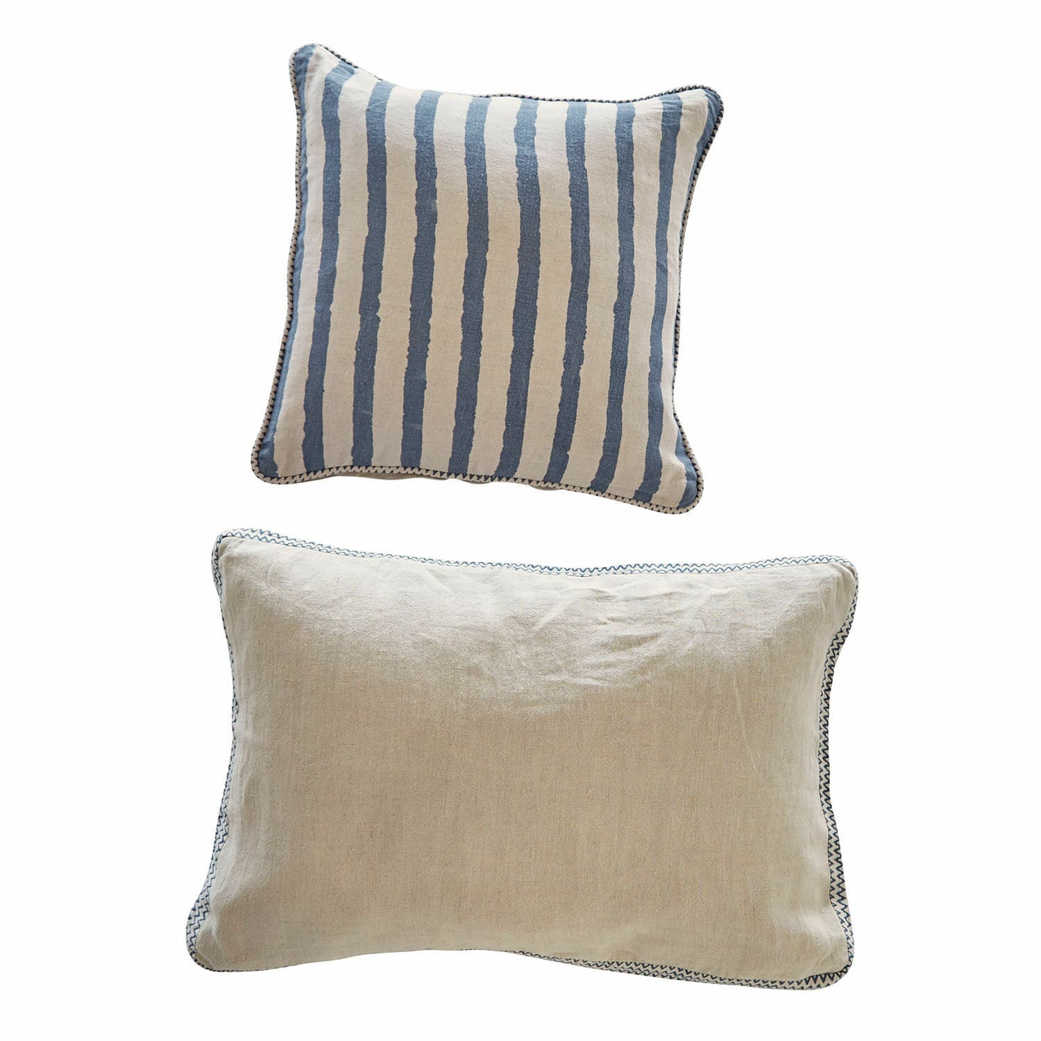 Kussenhoes set van 2 Alarindor Set van twee decoratieve katoenen kussens in beige en blauw met strepen voor woonkamer