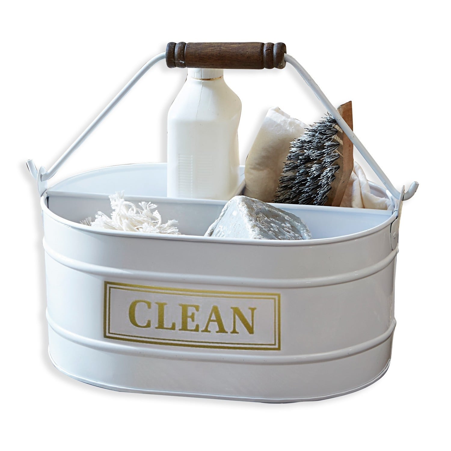 Emmer Clean Witte metalen bak met houten handvat en schoonmaakaccessoires, praktische organizer voor thuis