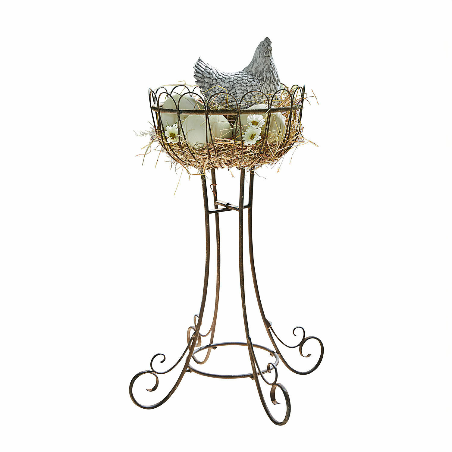Metalen standaard met mand voor eieren en decoratieve kip in rustieke stijl voor huis en tuin