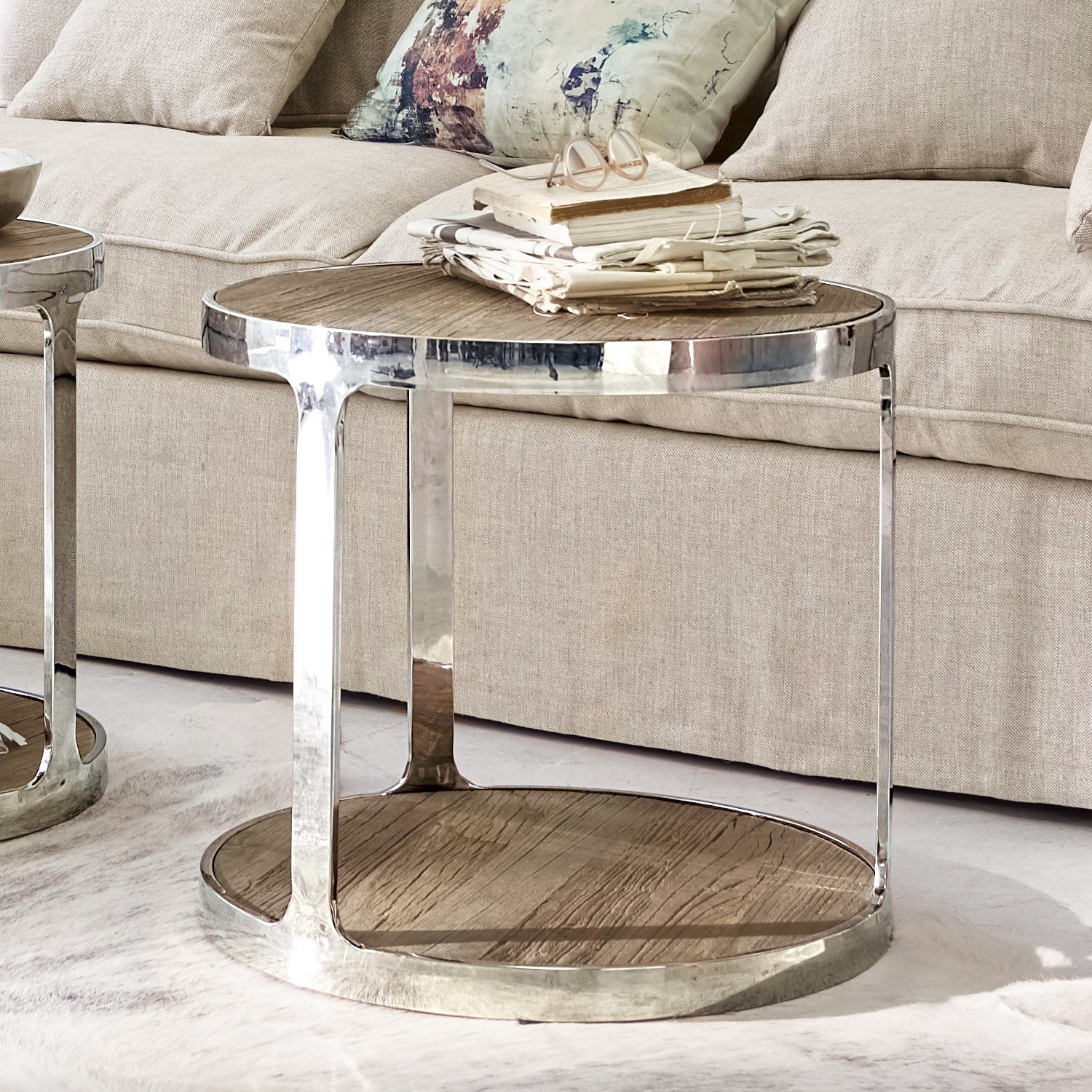 Salontafel Warren Ronde salontafel met metalen frame en houten blad in natuurlijke kleur voor woonkamer
