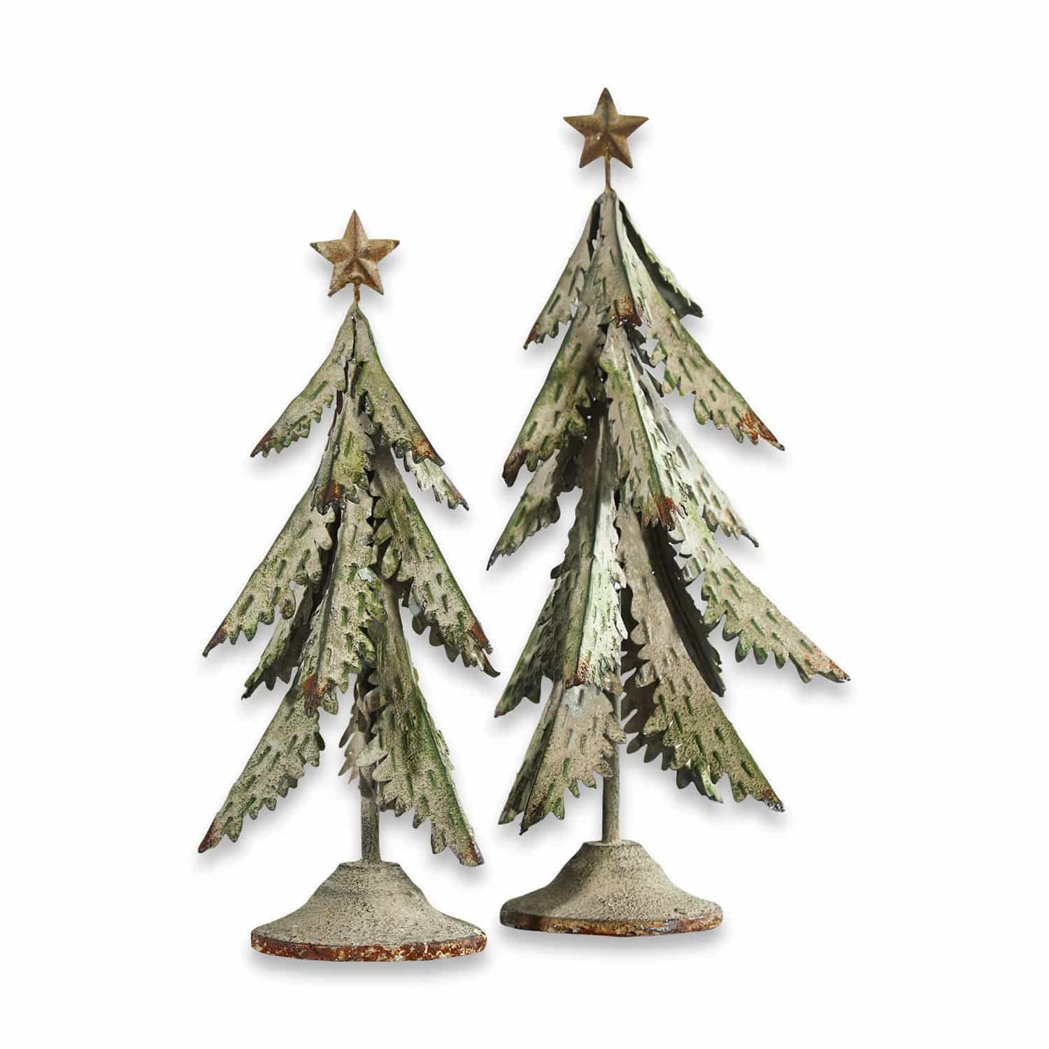 Sierboom set van 2 Cour Twee decoratieve metalen kerstbomen in groen-grijs met sterren bovenop, kerstversiering