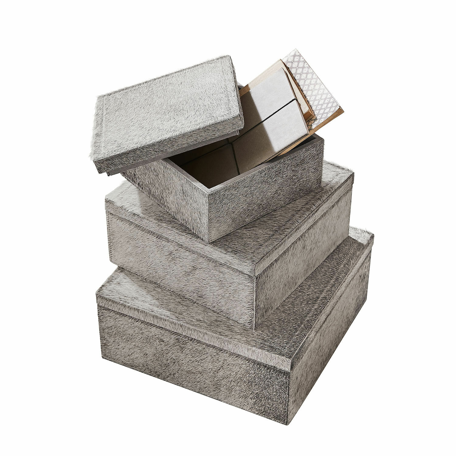 Box set van 3 Kélisandre Set van drie grijze opbergdozen van bontachtig materiaal, praktisch en decoratief gestapeld