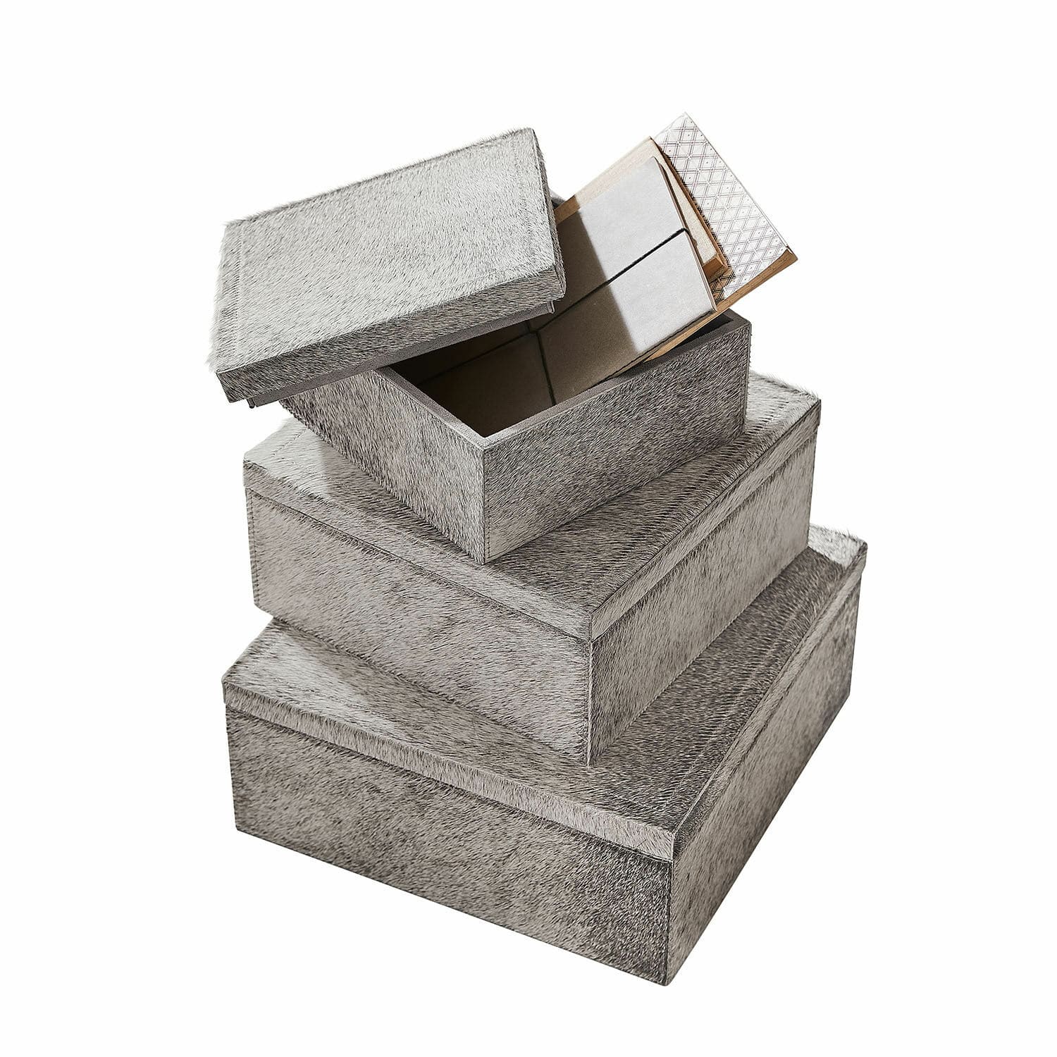 Box set van 3 Kélisandre Set van drie grijze opbergdozen van bontachtig materiaal, praktisch en decoratief gestapeld