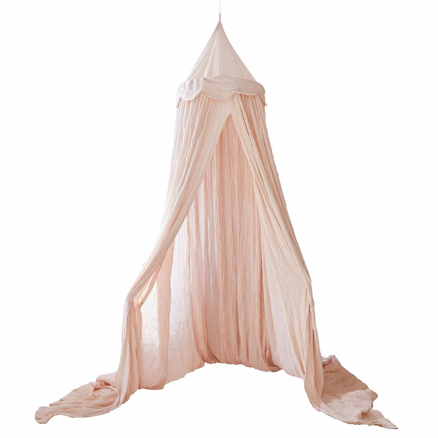 Bedhemel Larika Roze hangend baldakijn van lichte stof, zachte kinderkamerdecoratie, ademend materiaal