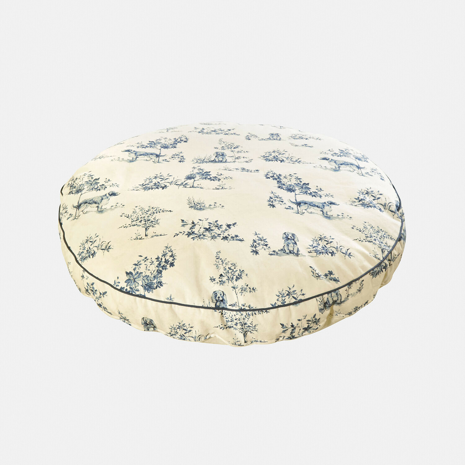 Hondenmatras Ymélorine Ronde katoenen kussen in crème met blauw patroon van honden en planten voor decoratie