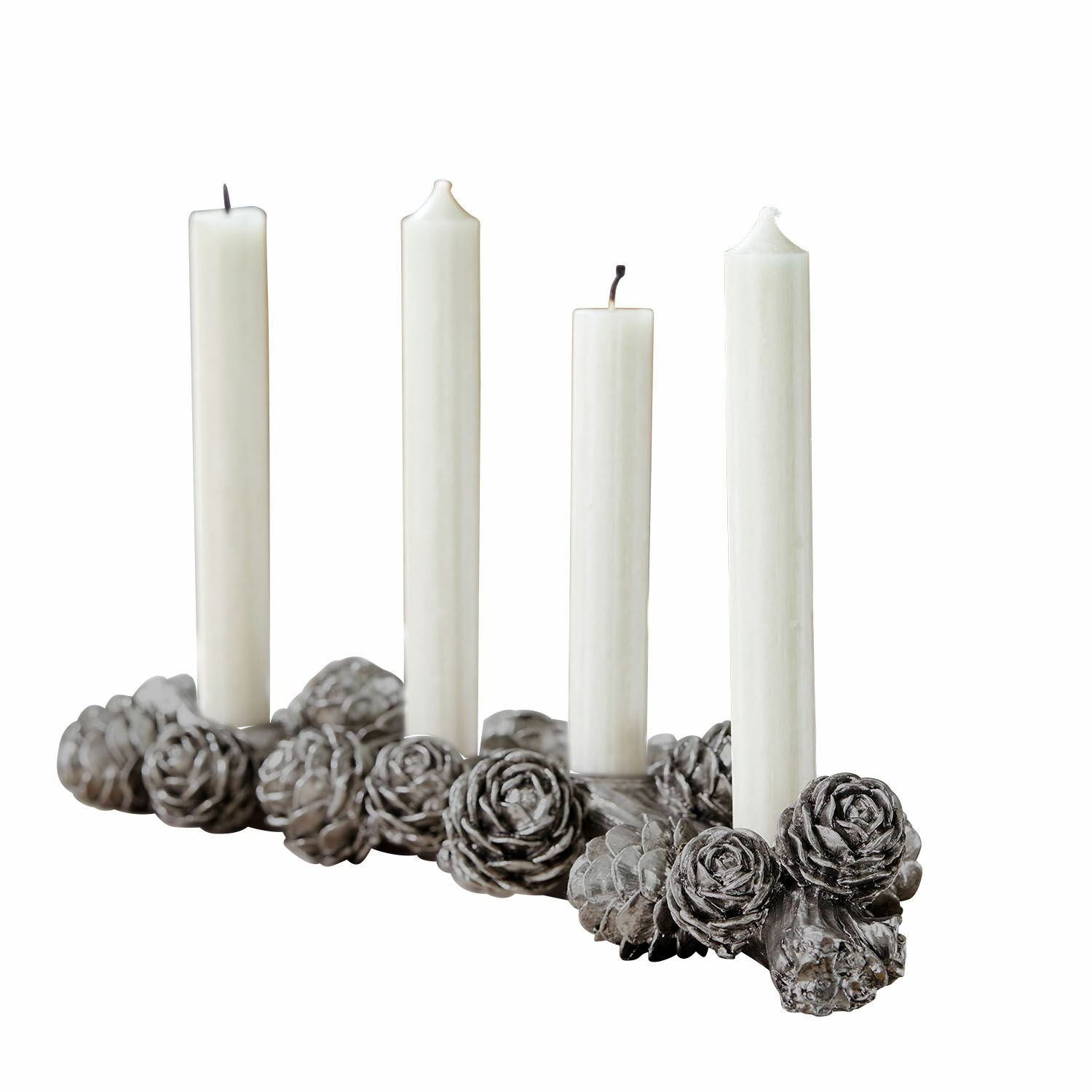 Kaarsenhouder Arasta Decoratieve kandelaar met grijze dennenappels en witte kaarsen, feestelijke woondecoratie