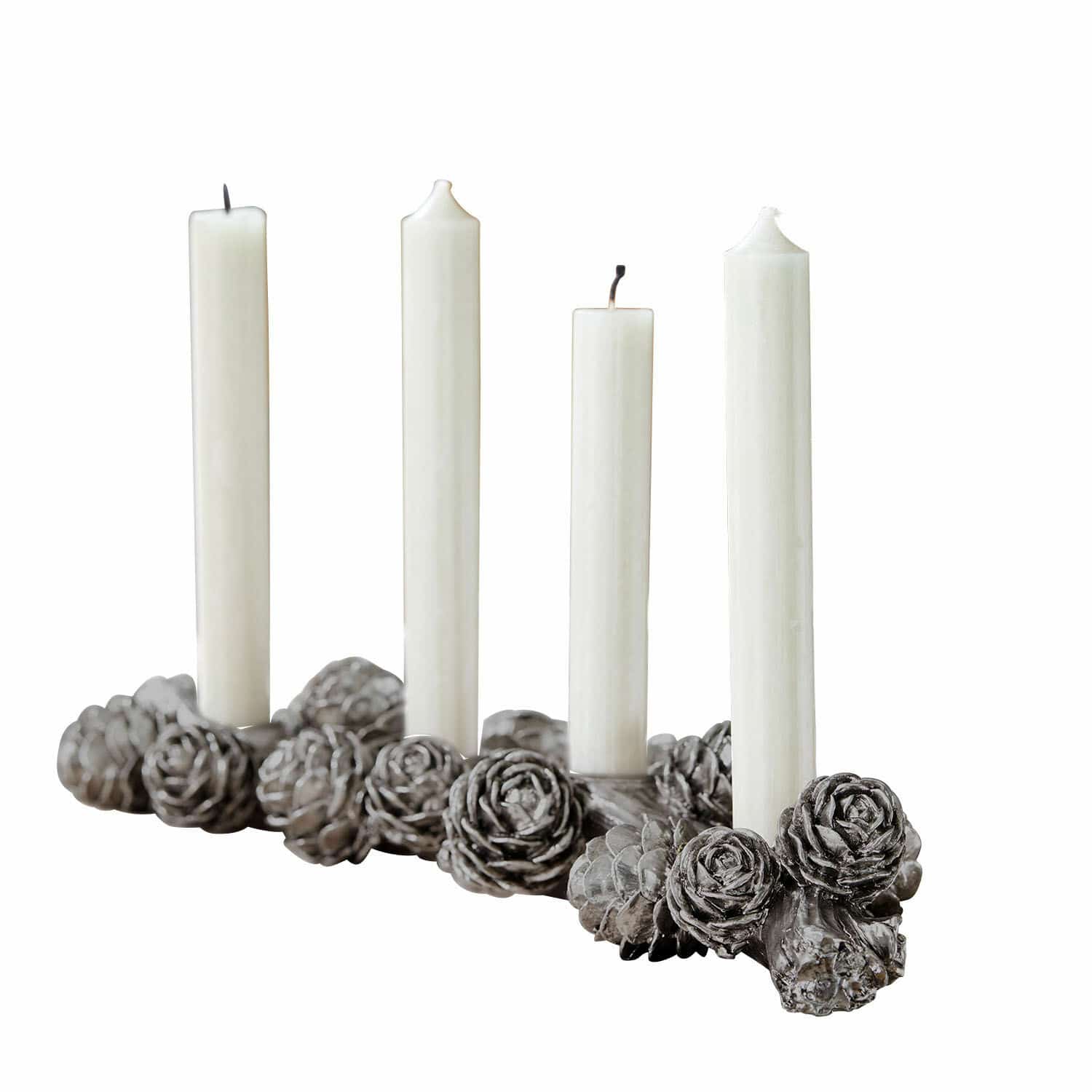 Kaarsenhouder Arasta Decoratieve kandelaar met grijze dennenappels en witte kaarsen, feestelijke woondecoratie
