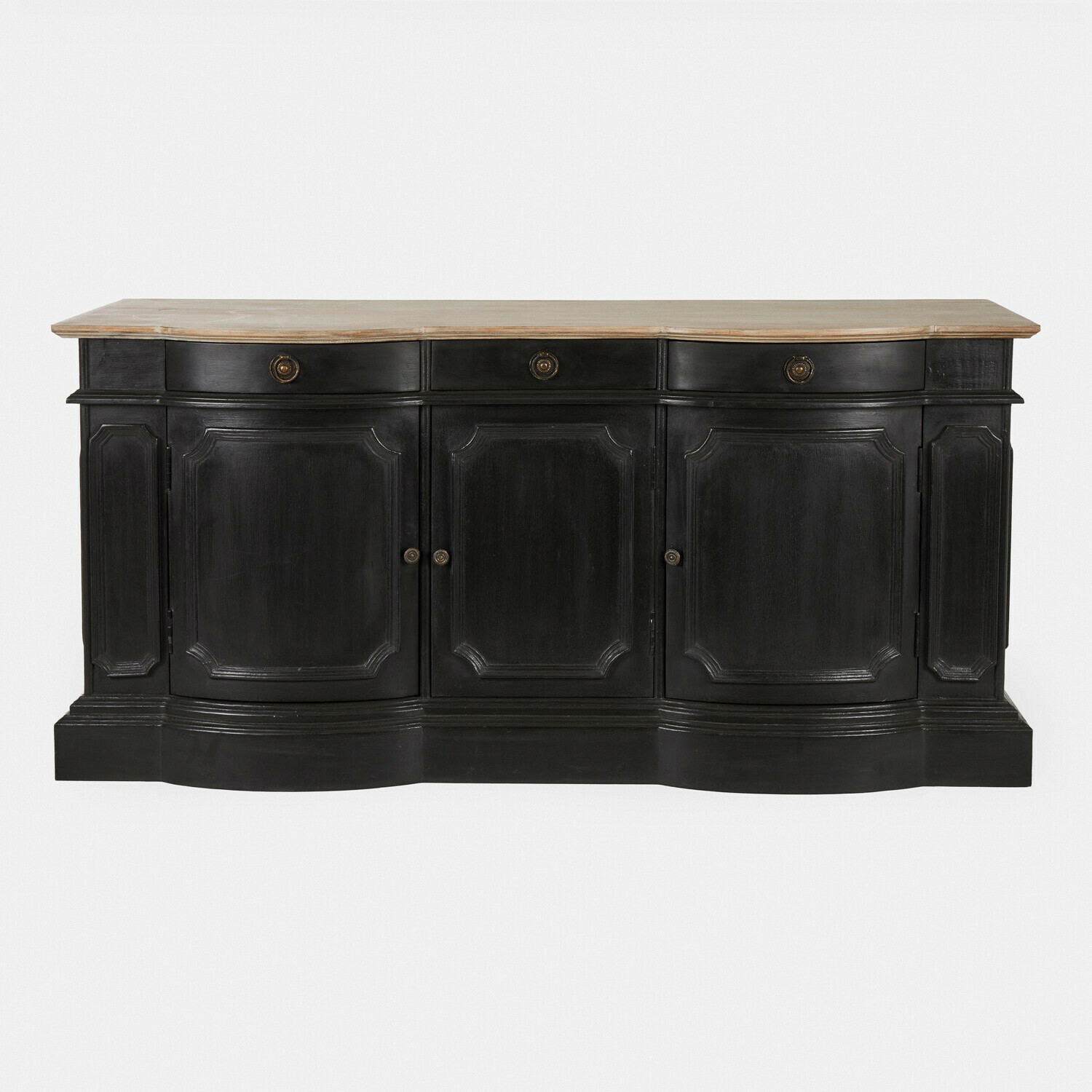 Dressoir Rélovine Zwarte houten dressoir met lichte bovenkant en decoratieve deuren, stijlvolle woonkamermeubel