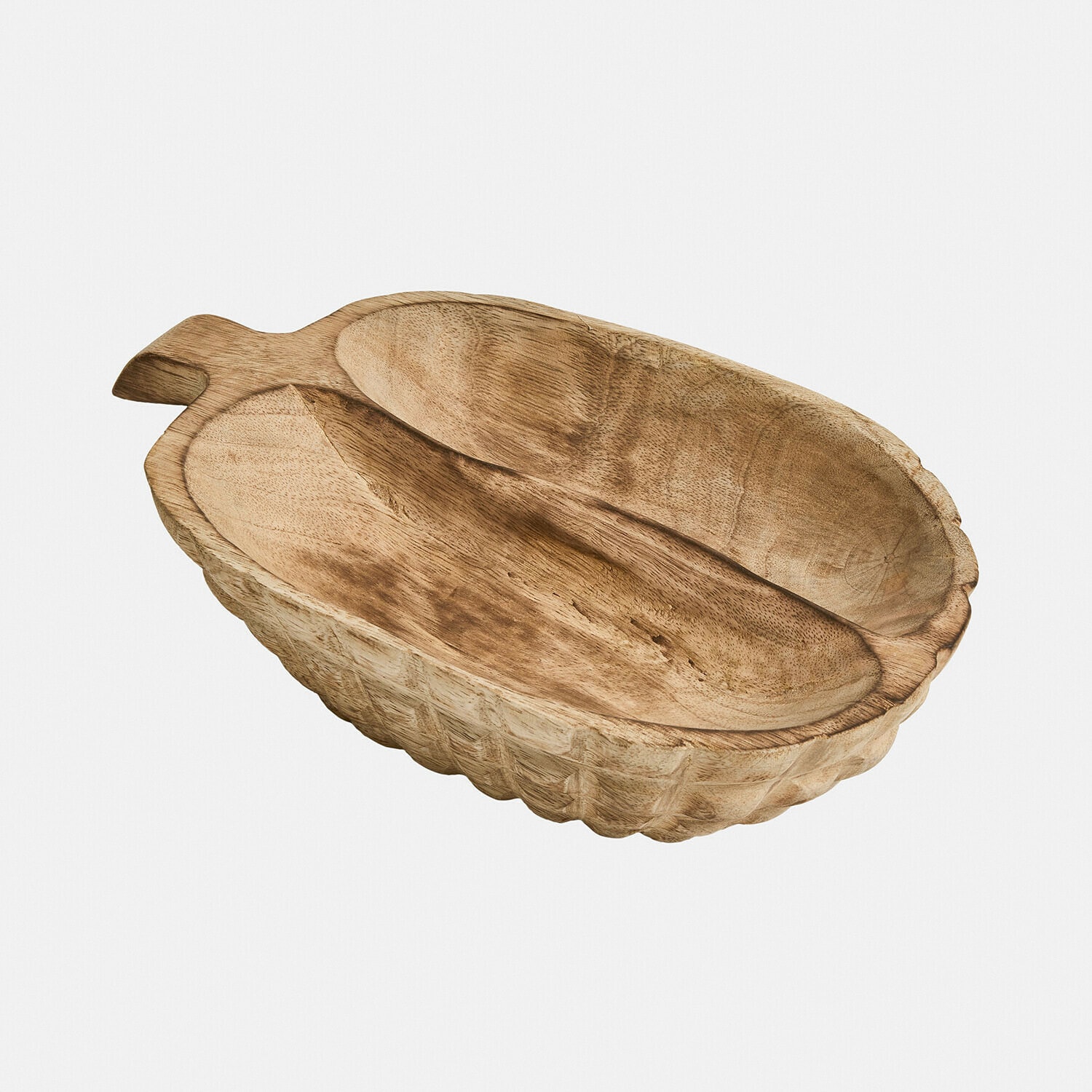 Decoratieve houten schaal in natuurlijke kleur met twee vakken en gesneden handvat