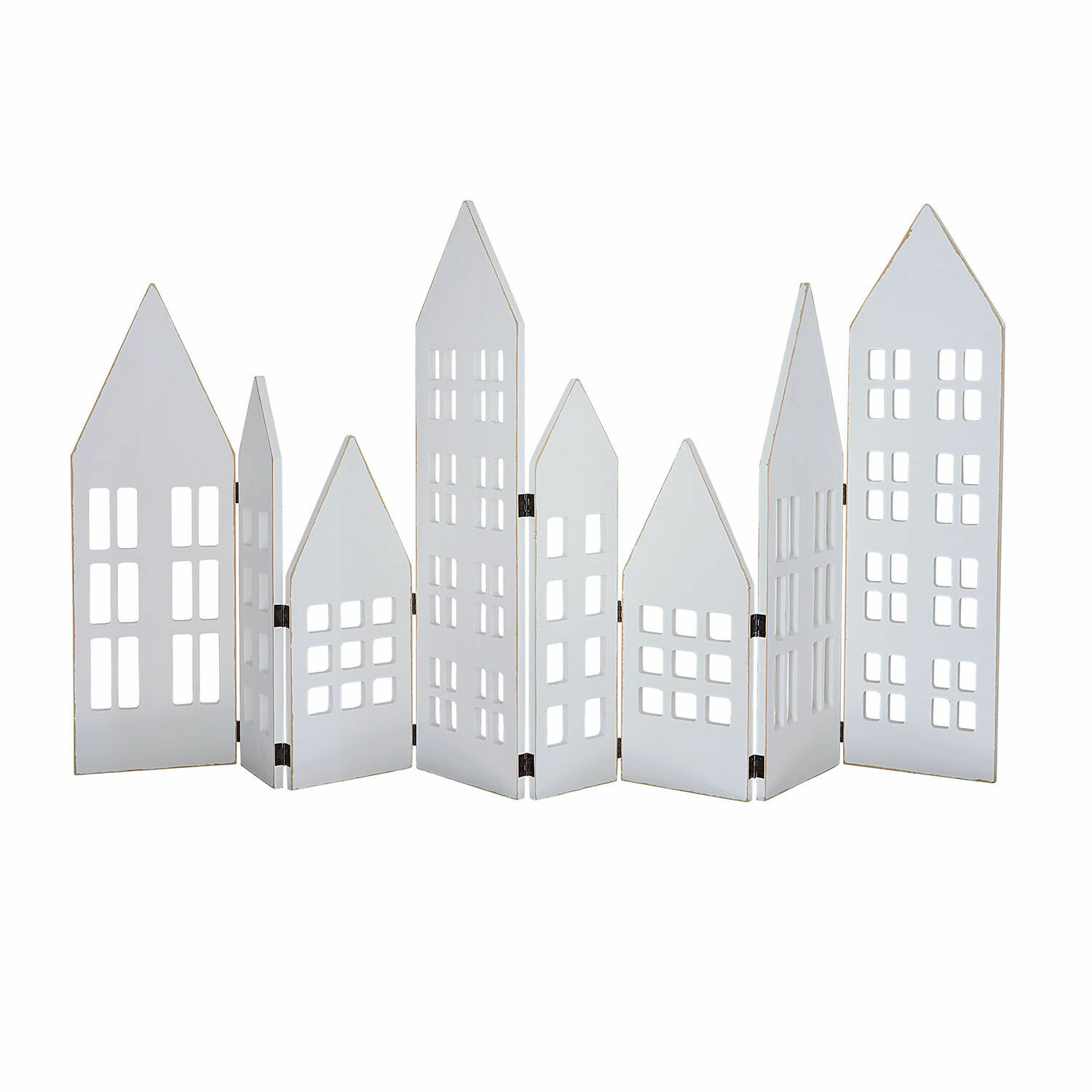 Witte houten decoratieve kamerscherm in huisvorm met uitgesneden ramen voor binnen