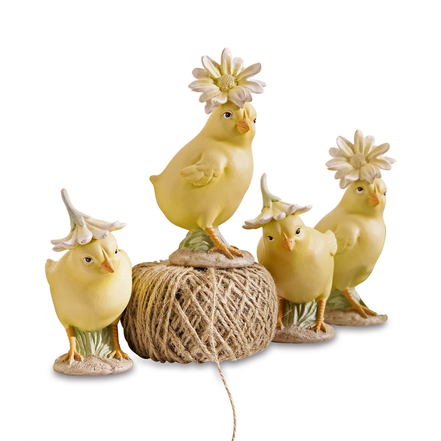 Kuiken set van 4 Garsonne Set van vier gele keramische kuikens met bloemenhoedjes voor lentebehang