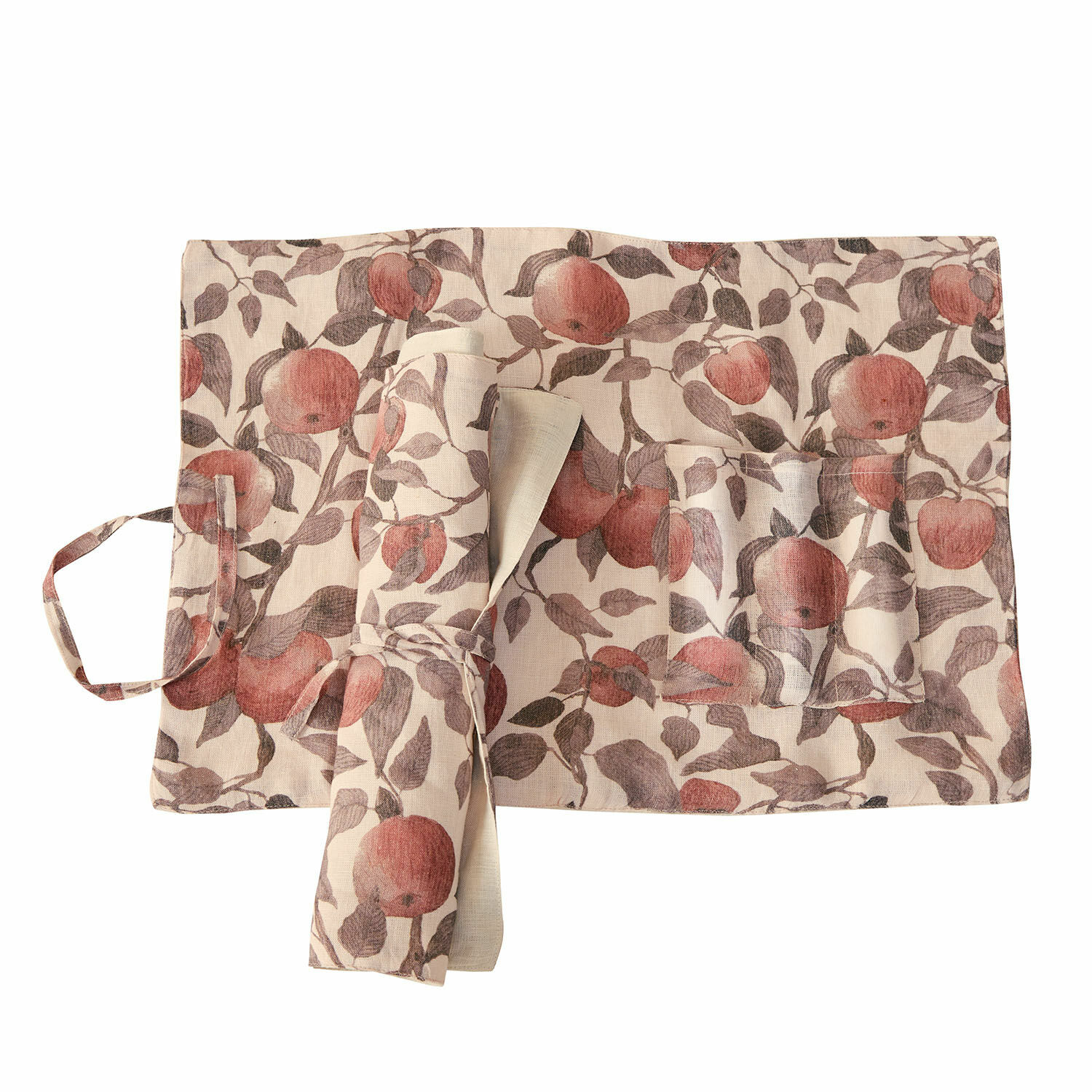 Placemat set van 2 Zaveline Beige linnen schort met rood appelmotief en zakken, keukenaccessoire