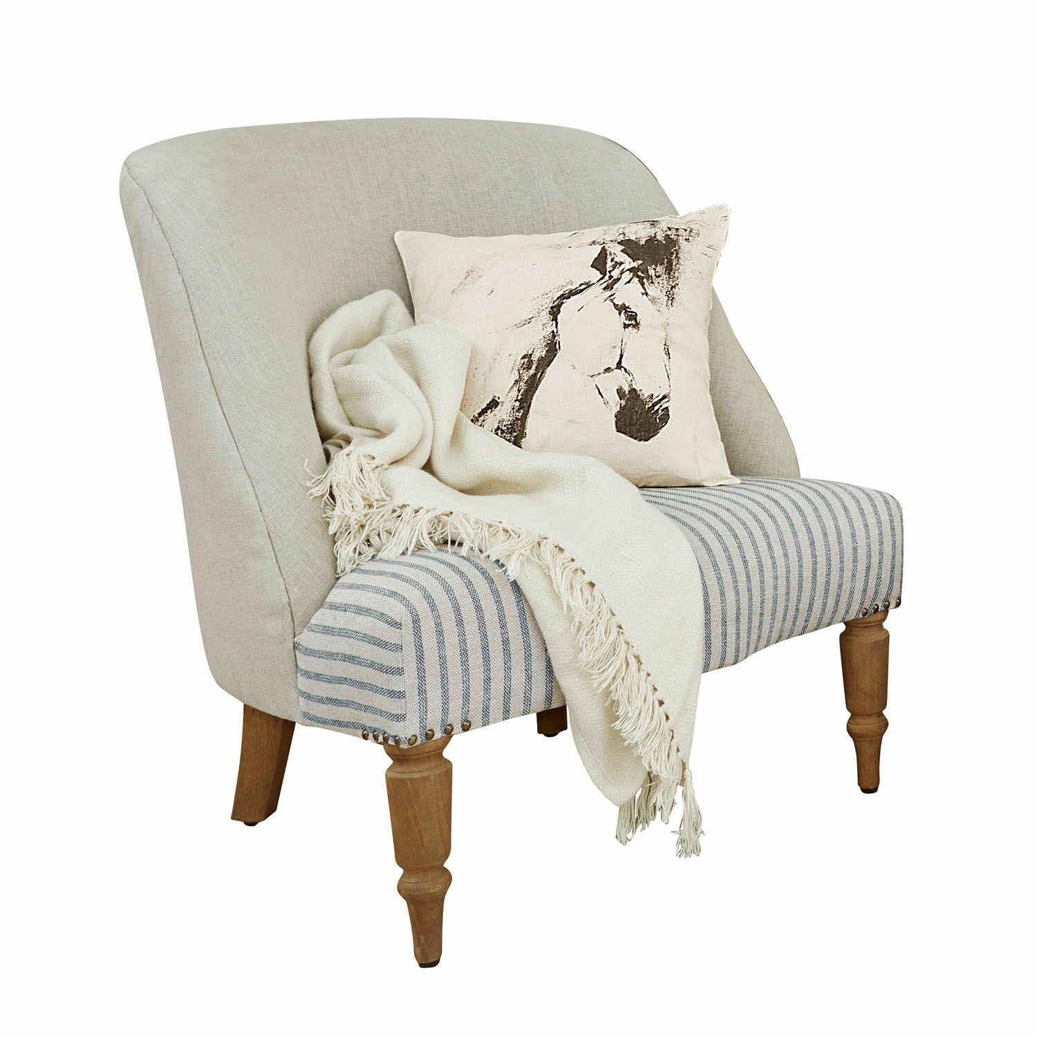 Leunstoel Maplewood Beige fauteuil met houten poten, gestreept zitvlak en kussen met paardenafbeelding