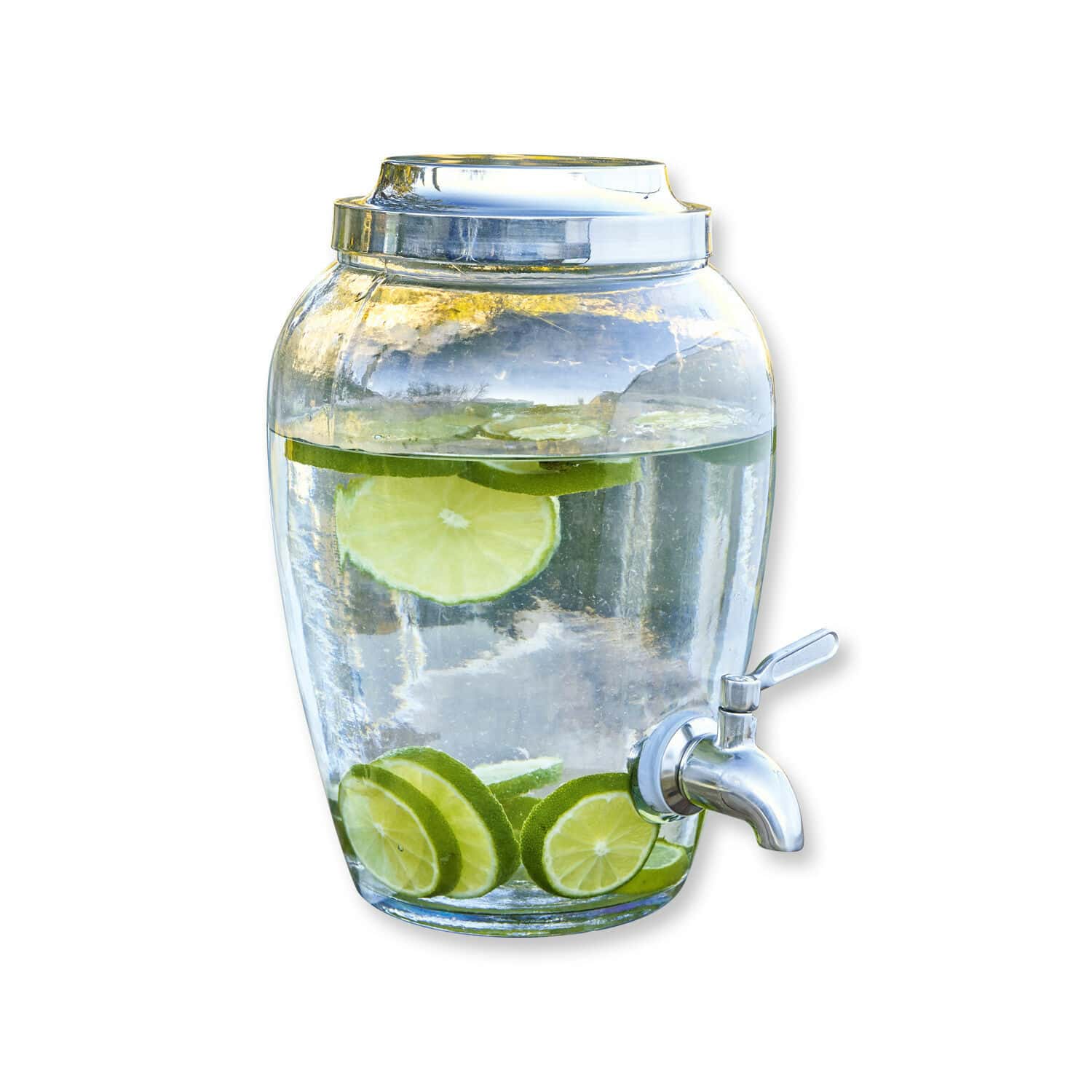 Drankdispenser Avrilla Glazen drankendispenser met metalen kraan, water met limoenplakjes, geschikt voor het serveren van dranken