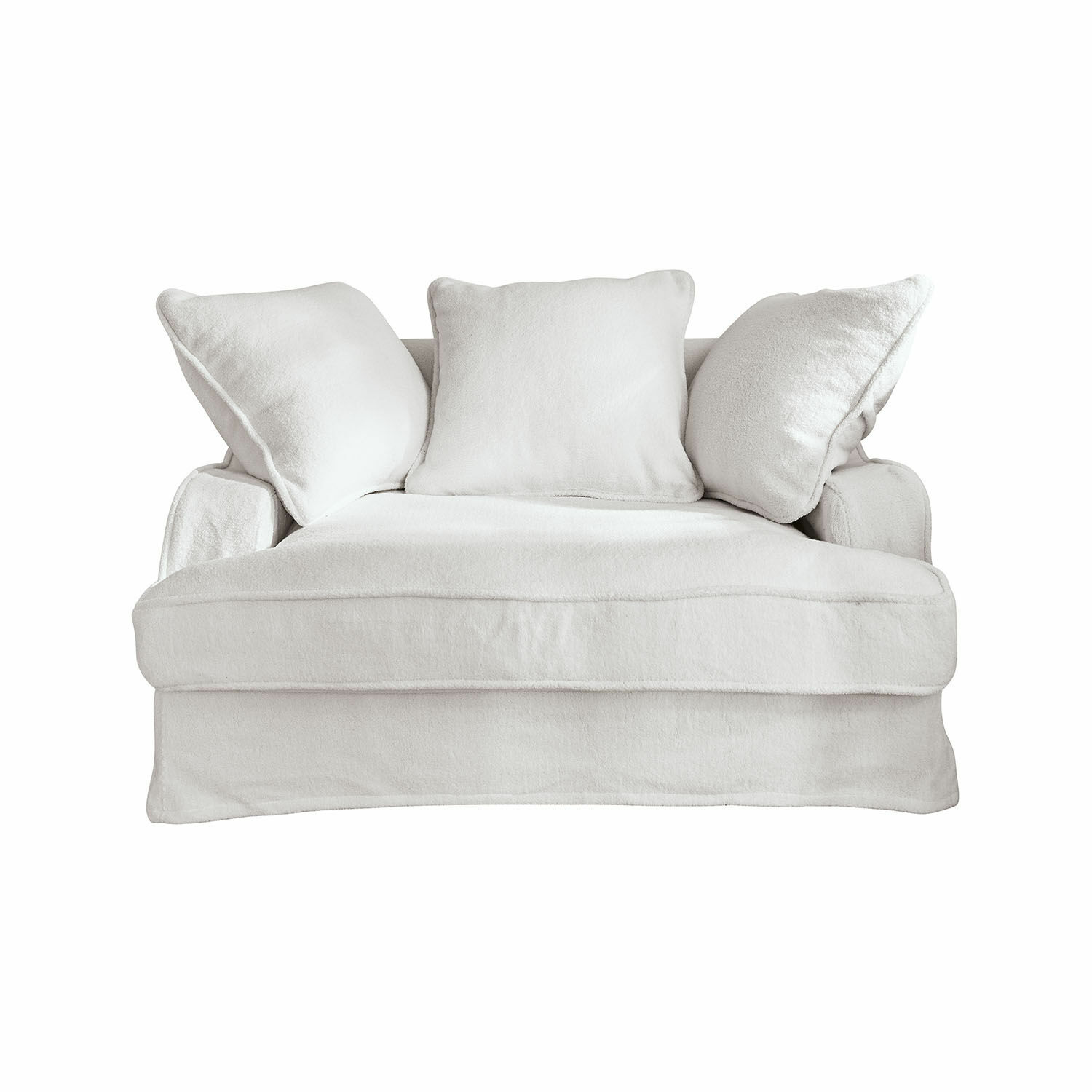 Witte Monaco bank van zachte stof met drie kussens, comfortabel voor de woonkamer