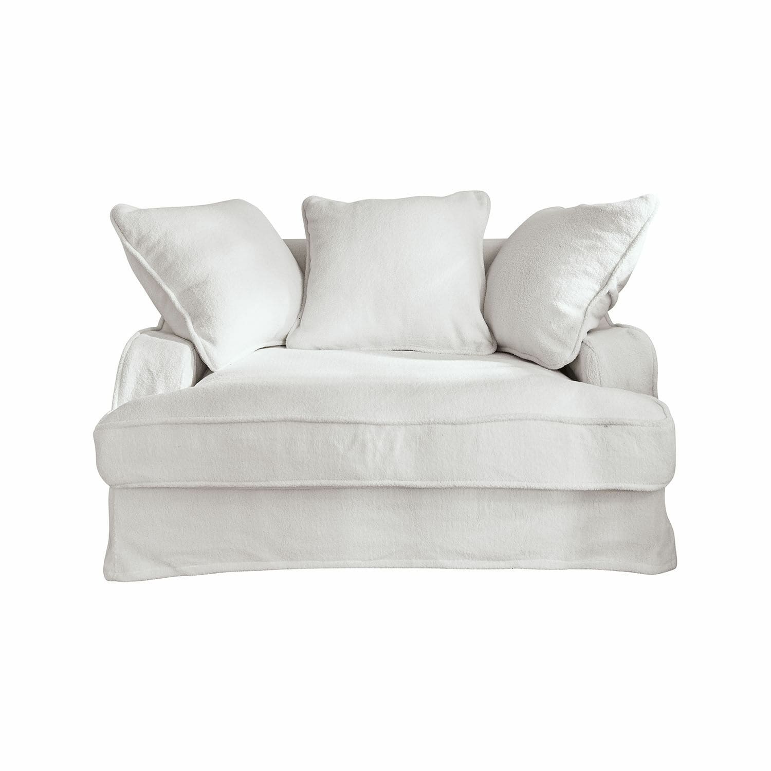 wit Witte Monaco bank van zachte stof met drie kussens, comfortabel voor de woonkamer