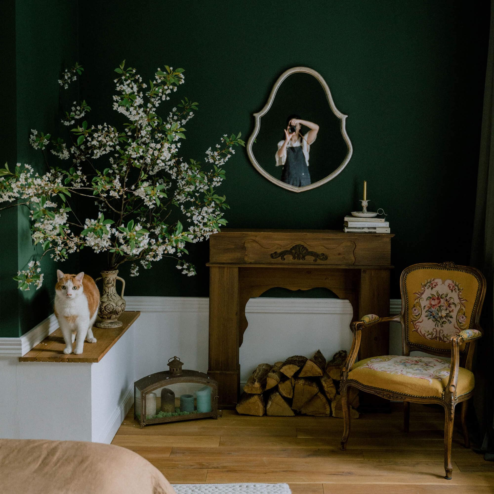 Gezellige woonkamer met groene muur, houten open haard, gele bloemenstoel en kat op plank
