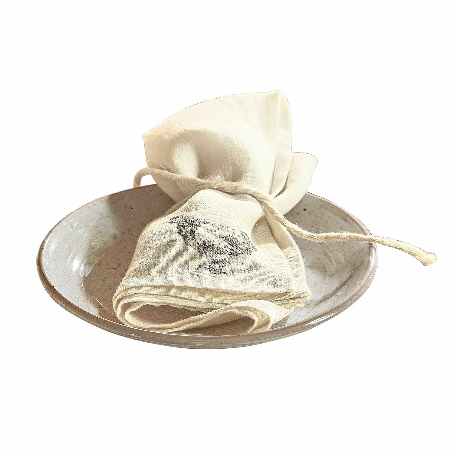 Servet set van 4 Walorine Crèmekleurige linnen servet met vogelprint op beige keramische schaal voor tafeldecoratie
