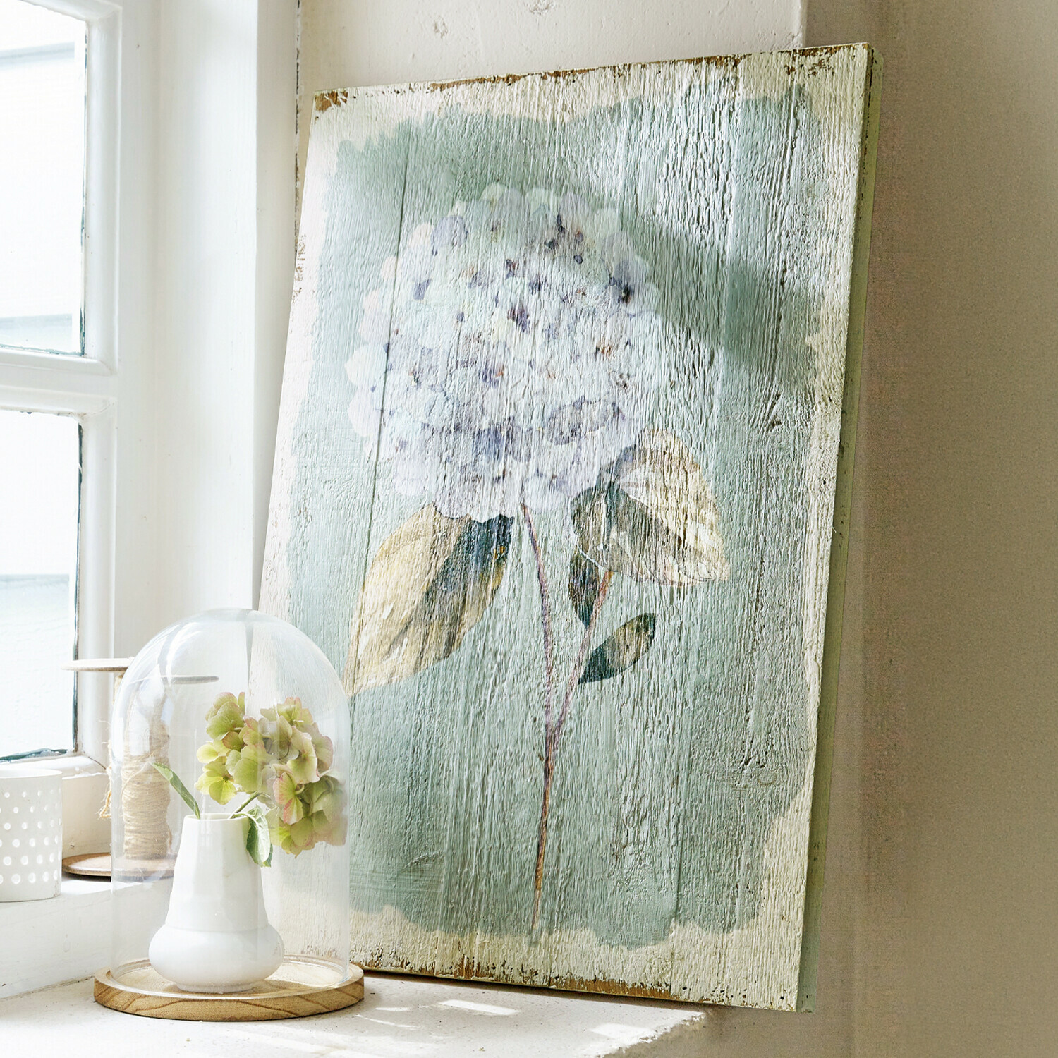 Decoboard Isle Houten schilderij met witte bloem op groene achtergrond voor interieurdecoratie
