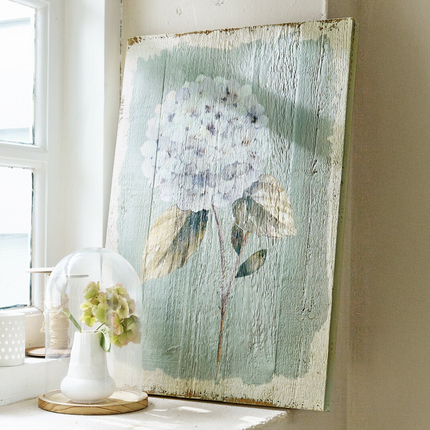 Decoboard Isle Houten schilderij met witte bloem op groene achtergrond voor interieurdecoratie