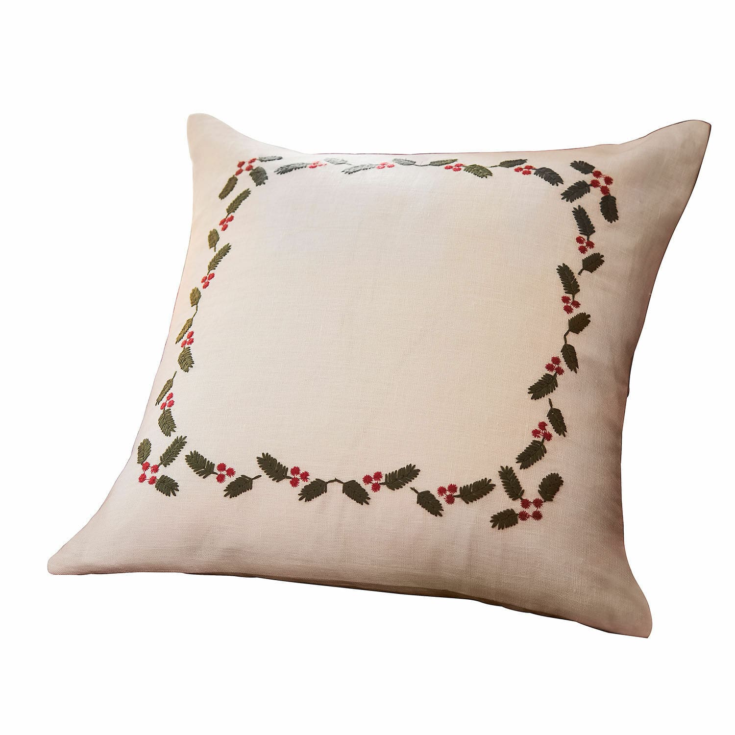 Kussenhoes Lenius Beige linnen kussenhoes met groene bladeren en rode bloemen, decoratieve woontextiel