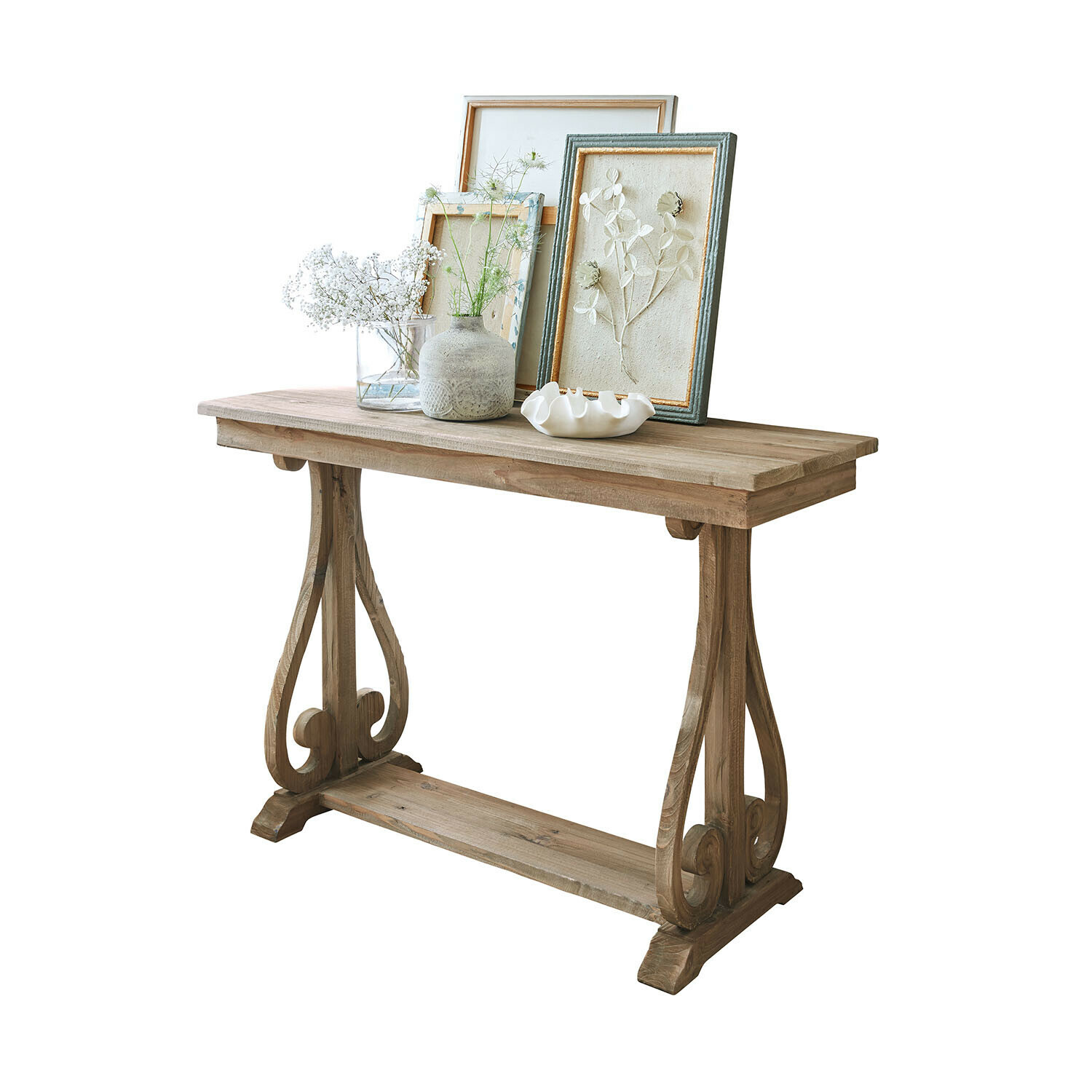 Wandtafel Chavignac Houten sidetable met sierlijke poten en vintage decoraties op het blad