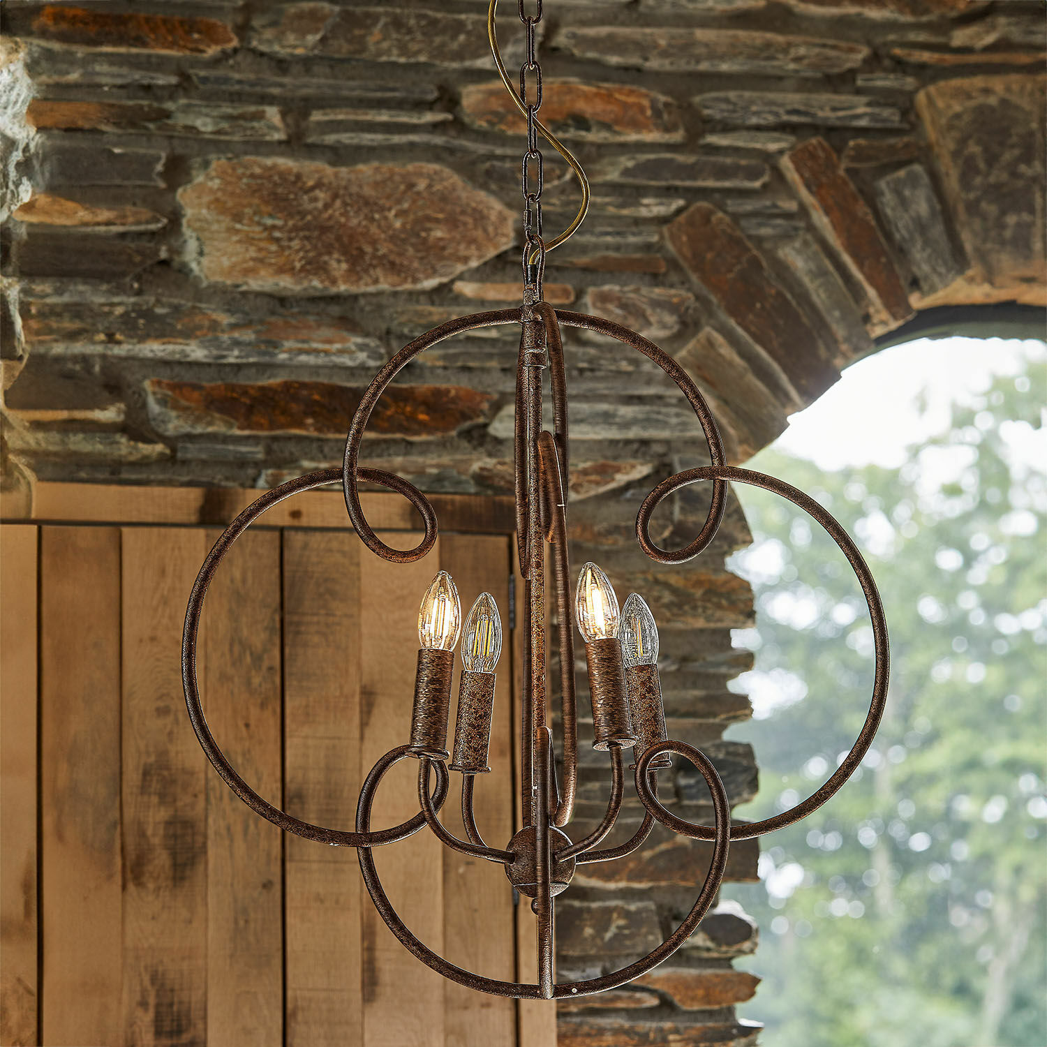 Kroonluchter Rahima Rustieke metalen hanglamp in bruine kleur met vier LED-lampen voor binnen en buiten
