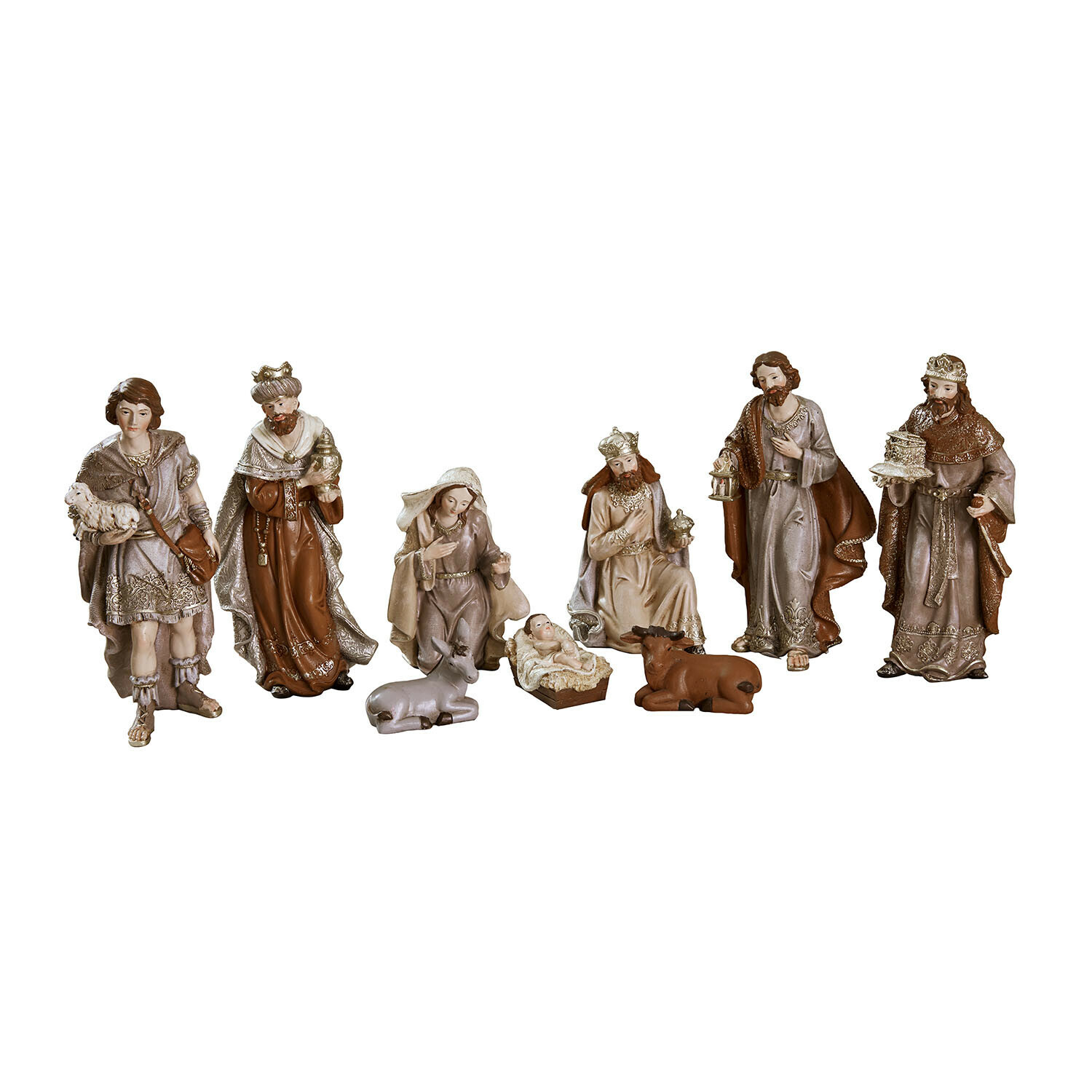 Kerststalfiguurtje set van 9 Caprinas Set kerststalfiguren in bruin- en beigetinten, traditionele feestelijke decoratie met heiligenbeelden