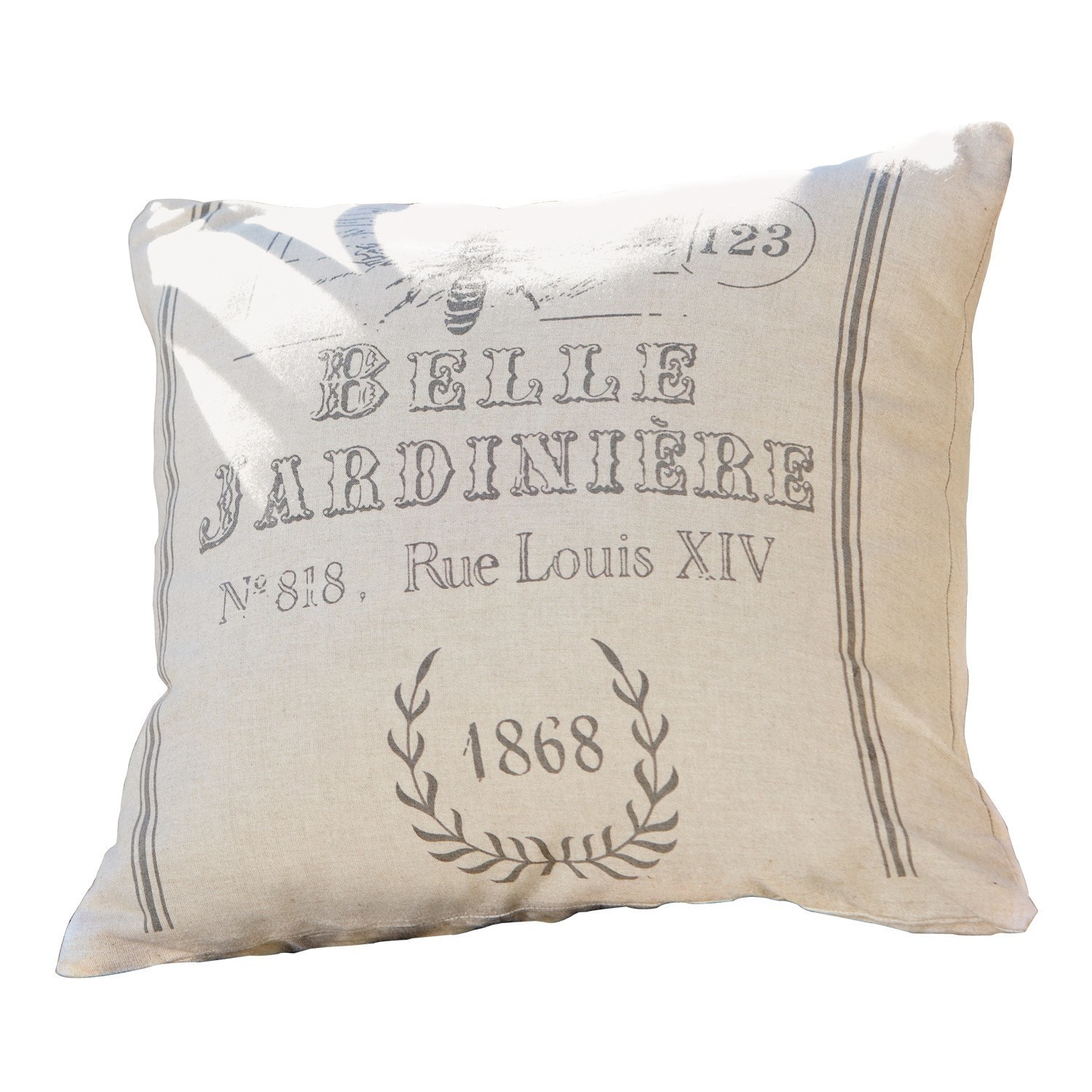 Kussenhoes Abelle Beige sierkussen van katoen-linnen met vintage opdruk Belle Jardinière, stijlvolle woondecoratie