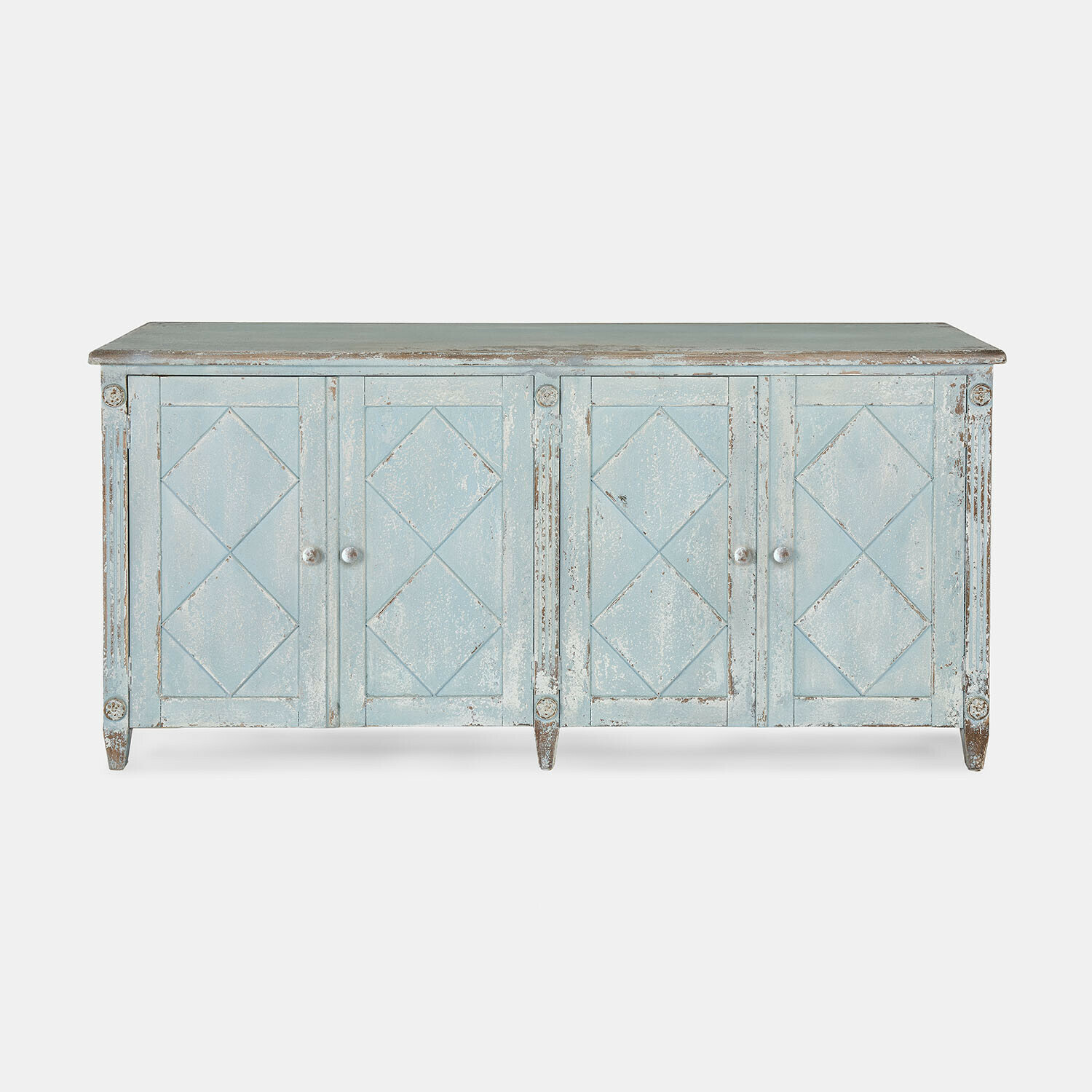 Lage kast Resplandor Blauwe houten dressoir met verweerd oppervlak en geometrisch patroon op de deuren