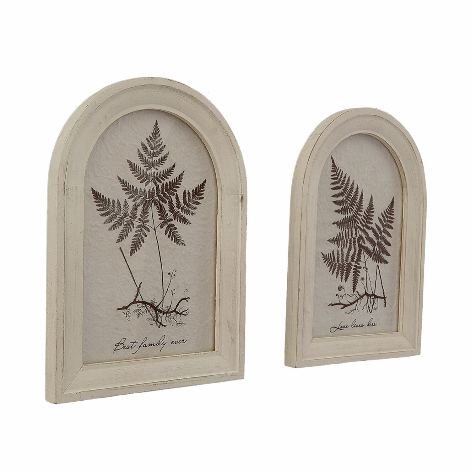 Afbeelding set van 2 Movirex Twee decoratieve houten lijsten in ecru met varenafbeelding en tekst, vintage wanddecoratie