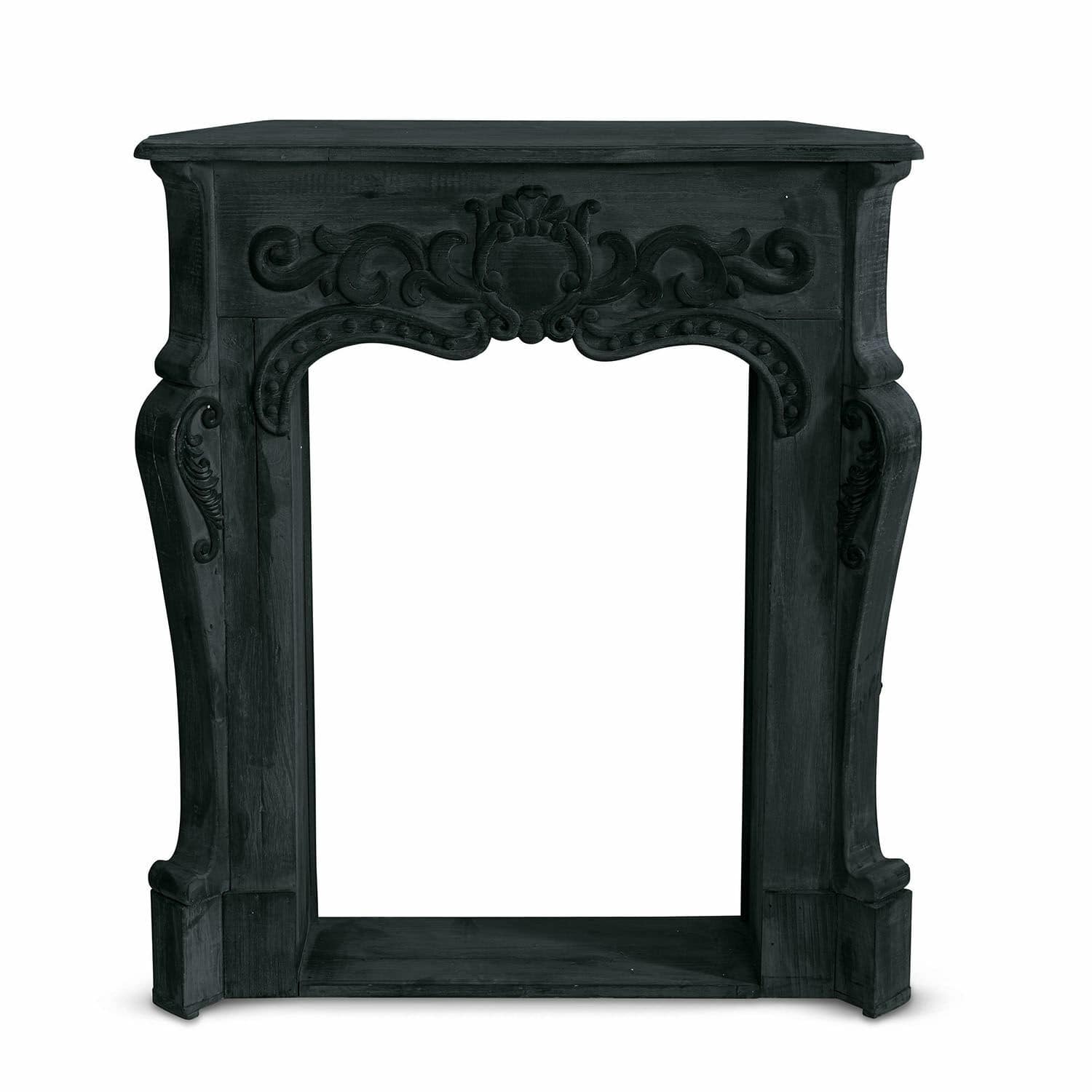 Antieke zwarte houten schoorsteenconsole met decoratieve houtsnijwerk voor woonkamer