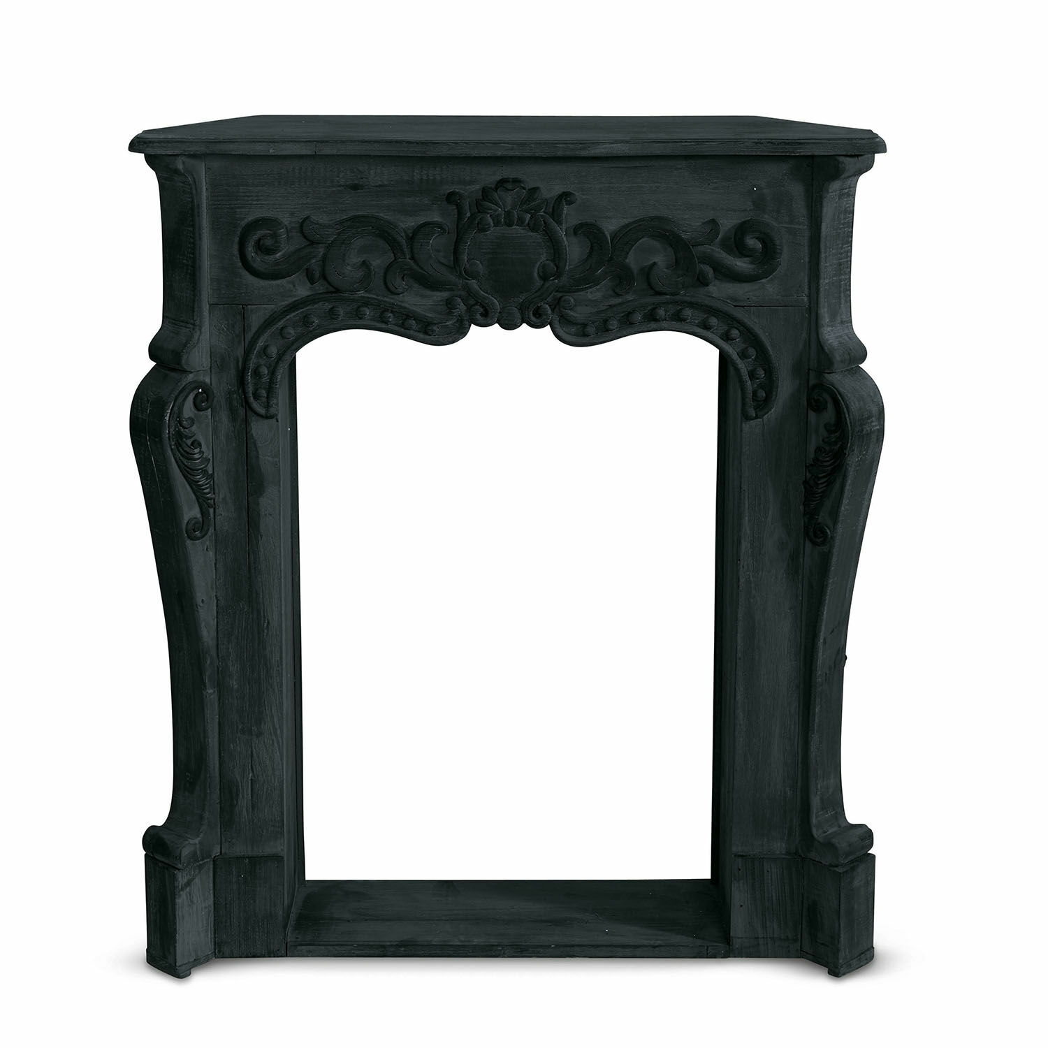 antiekzwart Antieke zwarte houten schoorsteenconsole met decoratieve houtsnijwerk voor woonkamer