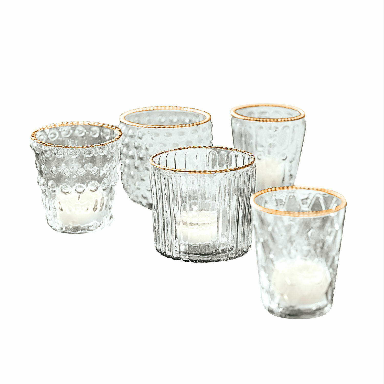 Windlicht set van 5 Jarnac Set van vijf glazen theelichthouders met gouden rand en verschillende glasstructuren