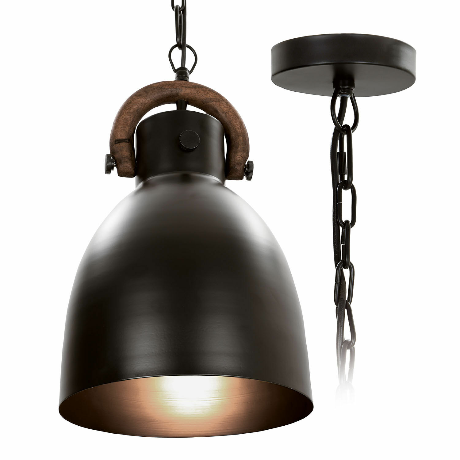 Zwarte metalen hanglamp met houten handvat en ketting, industriële stijl verlichting