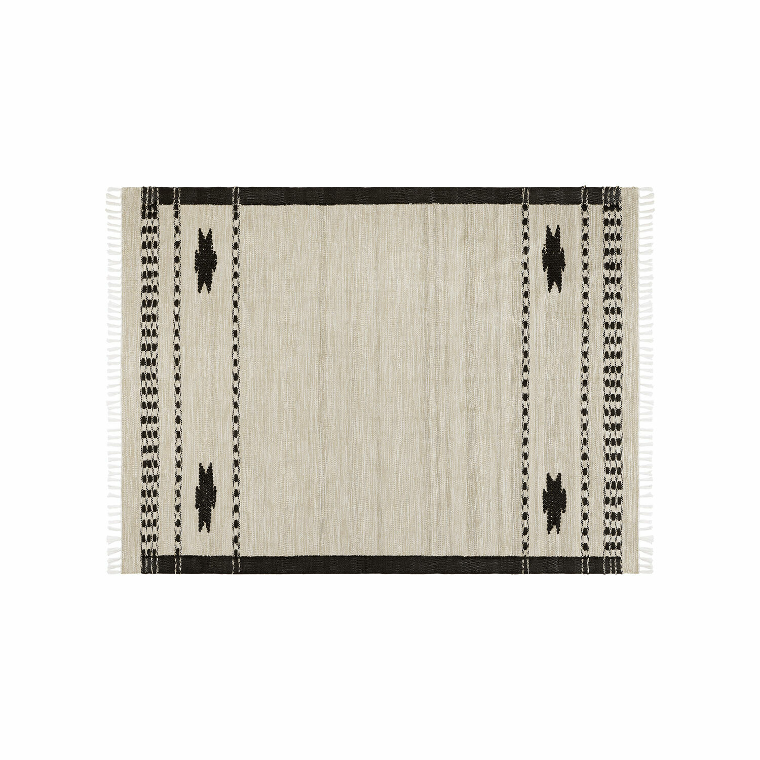 In- & outdoor vloerkleed Moorna Beige katoenen vloerkleed met zwart geometrisch patroon en franjes, decoratief vloerkleed