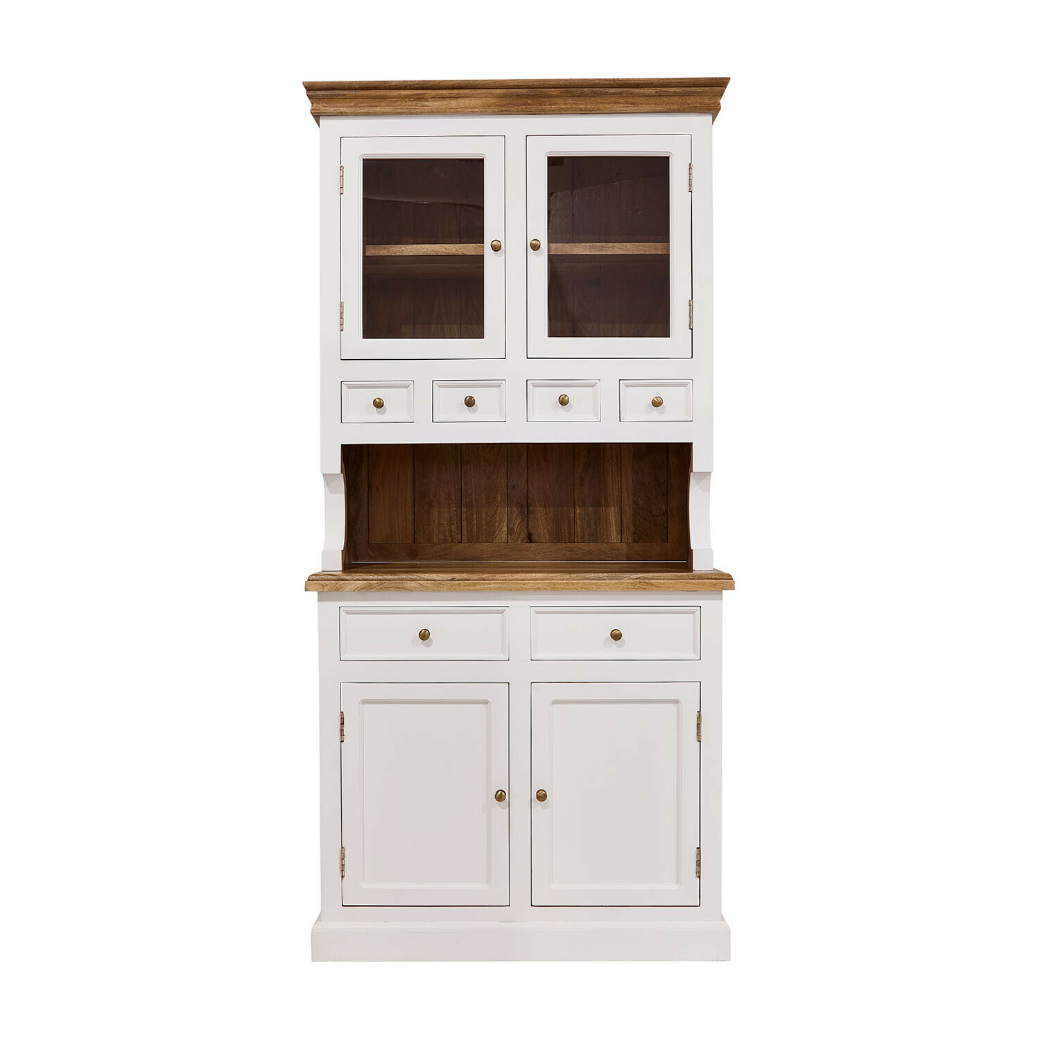 Kast Kenwick Witte houten buffetkast met lades en glazen deuren, blad en binnenkant van natuurlijk hout