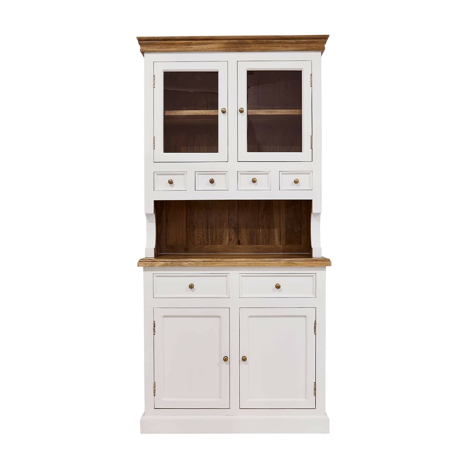 Kast Kenwick Witte houten buffetkast met lades en glazen deuren, blad en binnenkant van natuurlijk hout