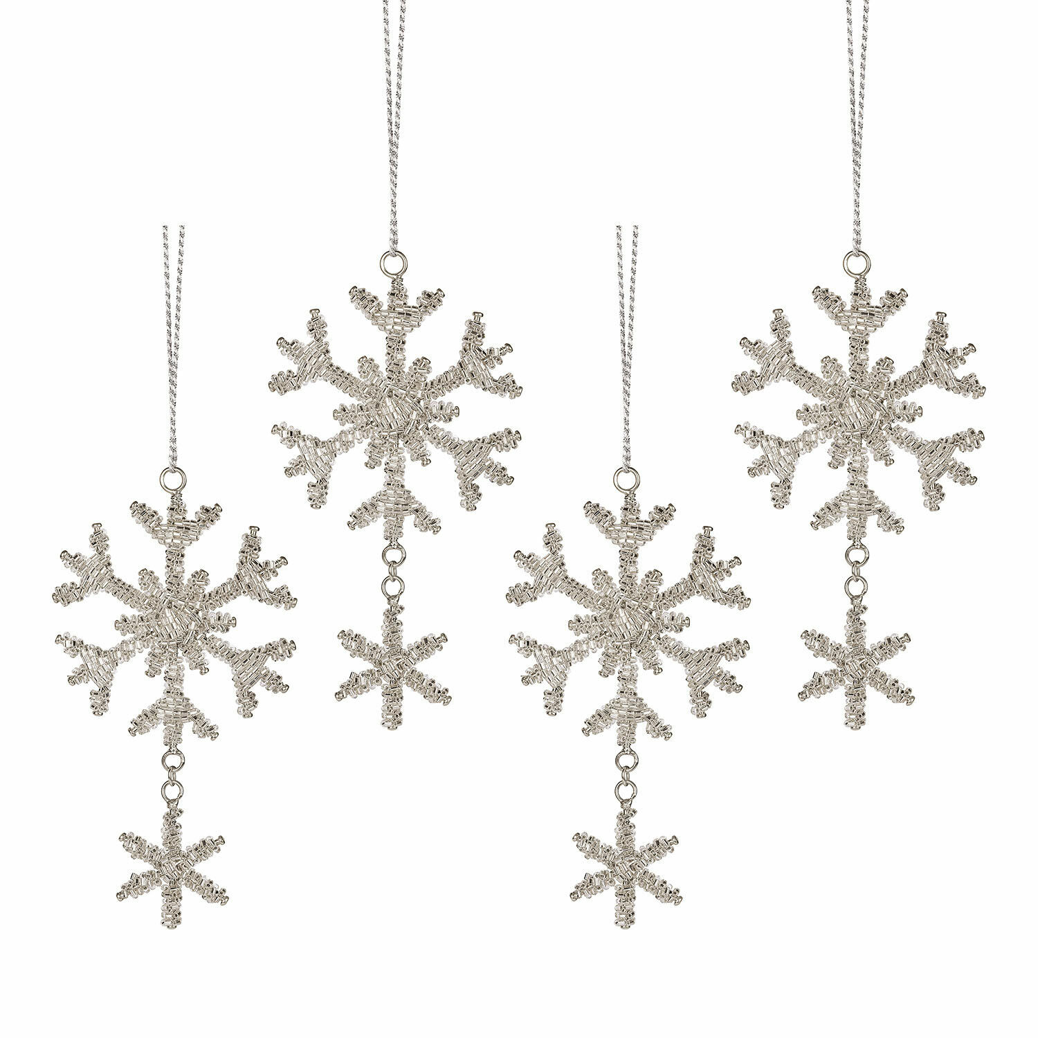 Kerstversiering set van 4 Kiresta Set zilverkleurige kerstversieringen in sneeuwvlokvorm van kralen om aan de boom te hangen