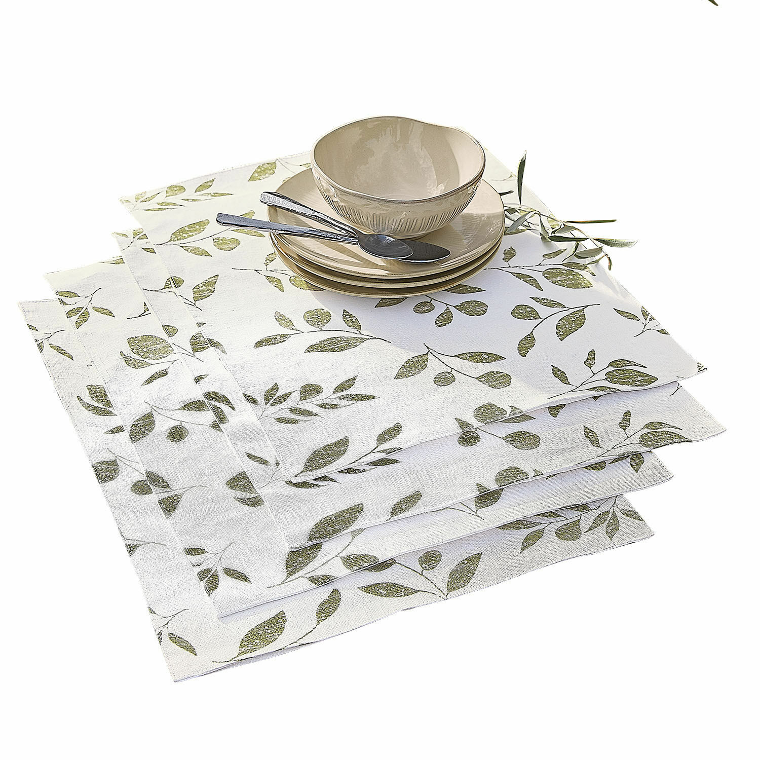 Placemat set van 4 Klivento Linnen servetten wit met groen bladmotief, stijlvolle tafeldecoratie