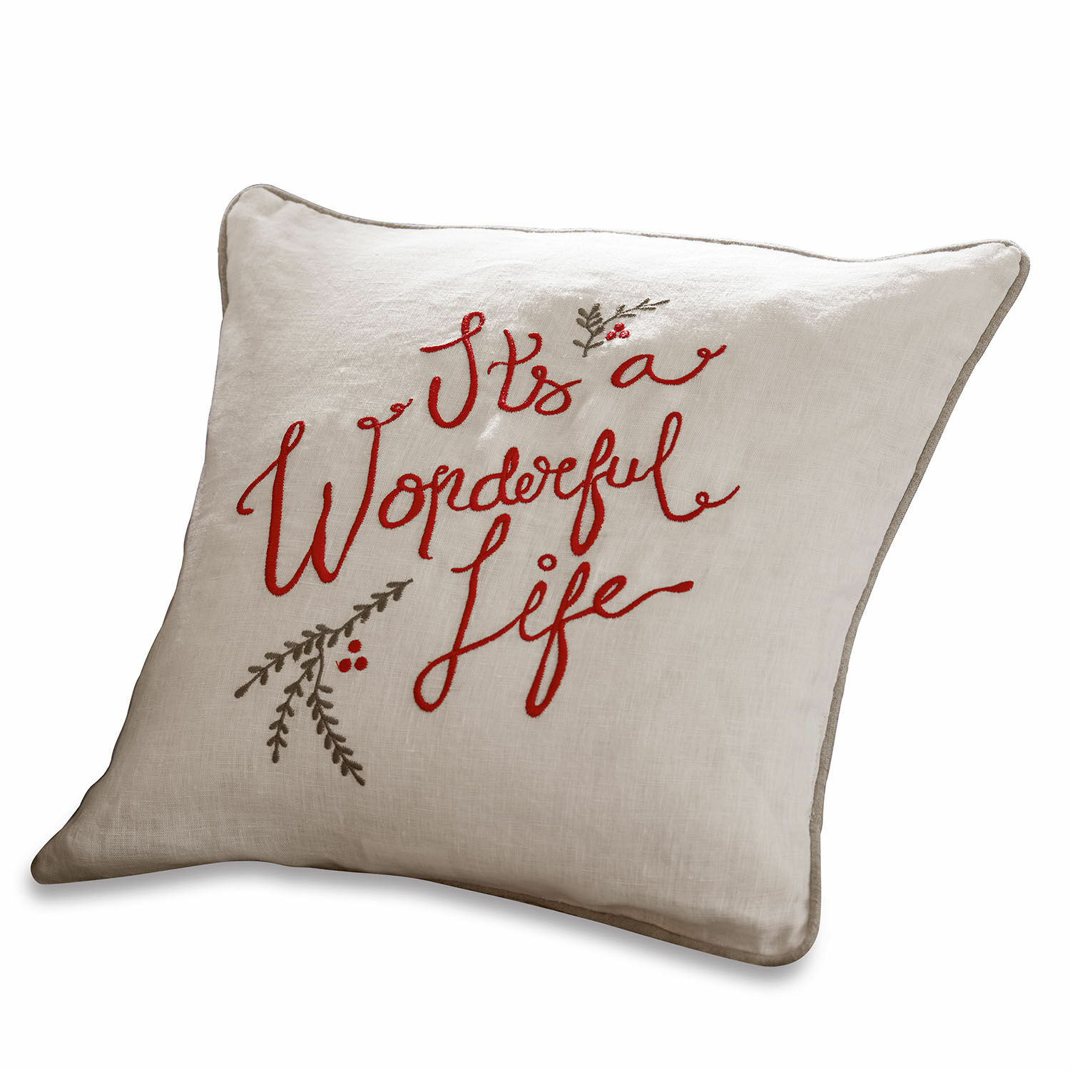 Kussenhoes Wonderful Beige linnen kussen met rode borduursel "It's a Wonderful Life" en decoratieve takken