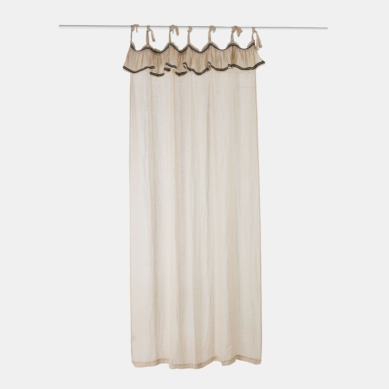 Gordijn Romagny Beige linnen gordijn met decoratieve plooien en zwarte rand, raamdecoratie voor woonkamer
