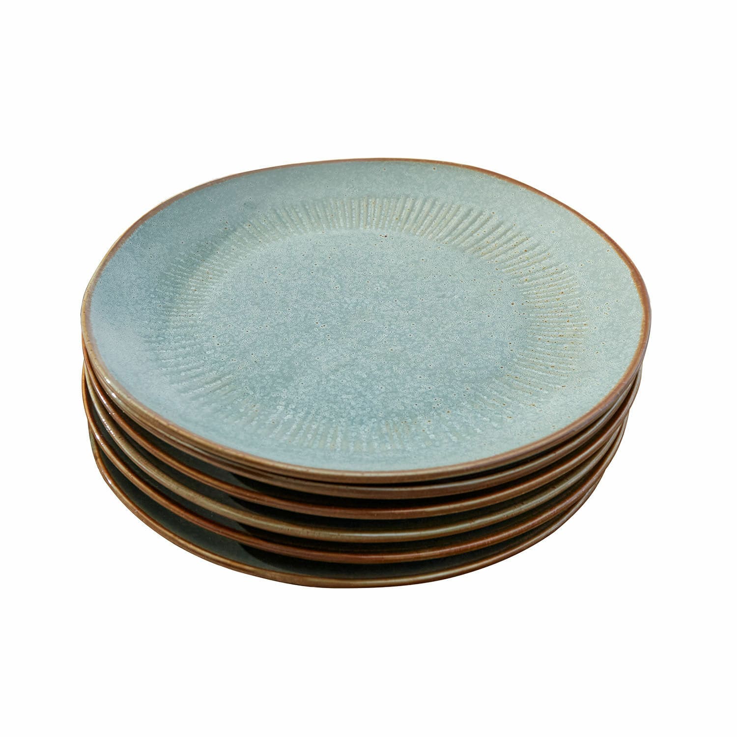Set van 6 keramische borden in turquoise en bruin met textuur en rustieke afwerking