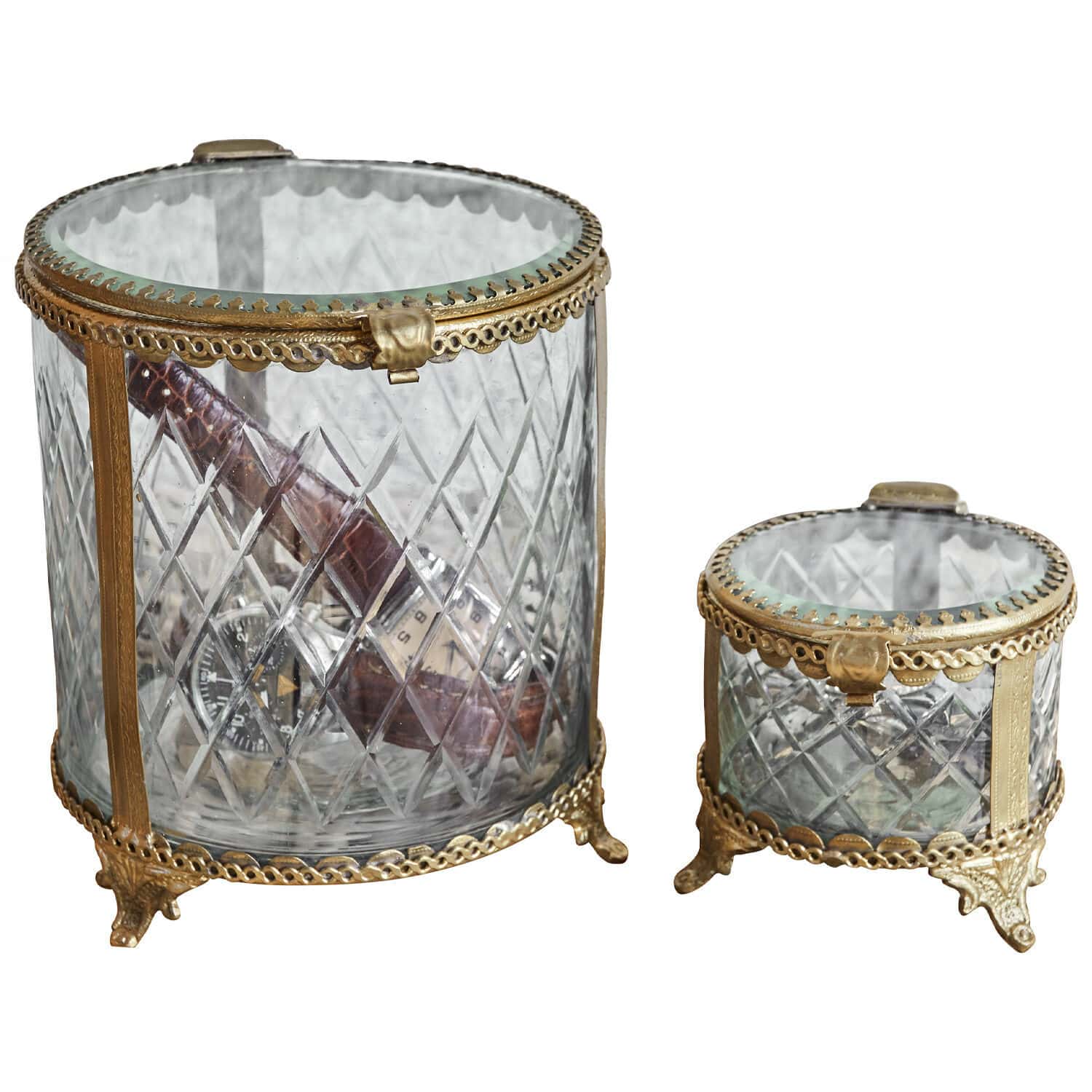 Pot set van 2 Svelteque Set van twee glazen potten met messing versiering en pootjes, decoratieve organizer