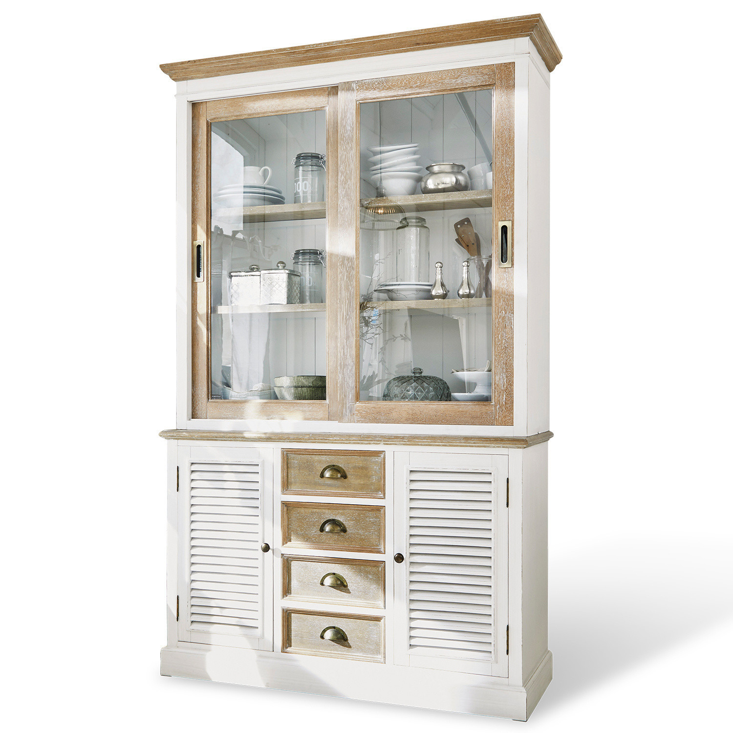 Kast Moosehide Witte houten vitrinekast met schuifbare glazen deuren en vintage lades