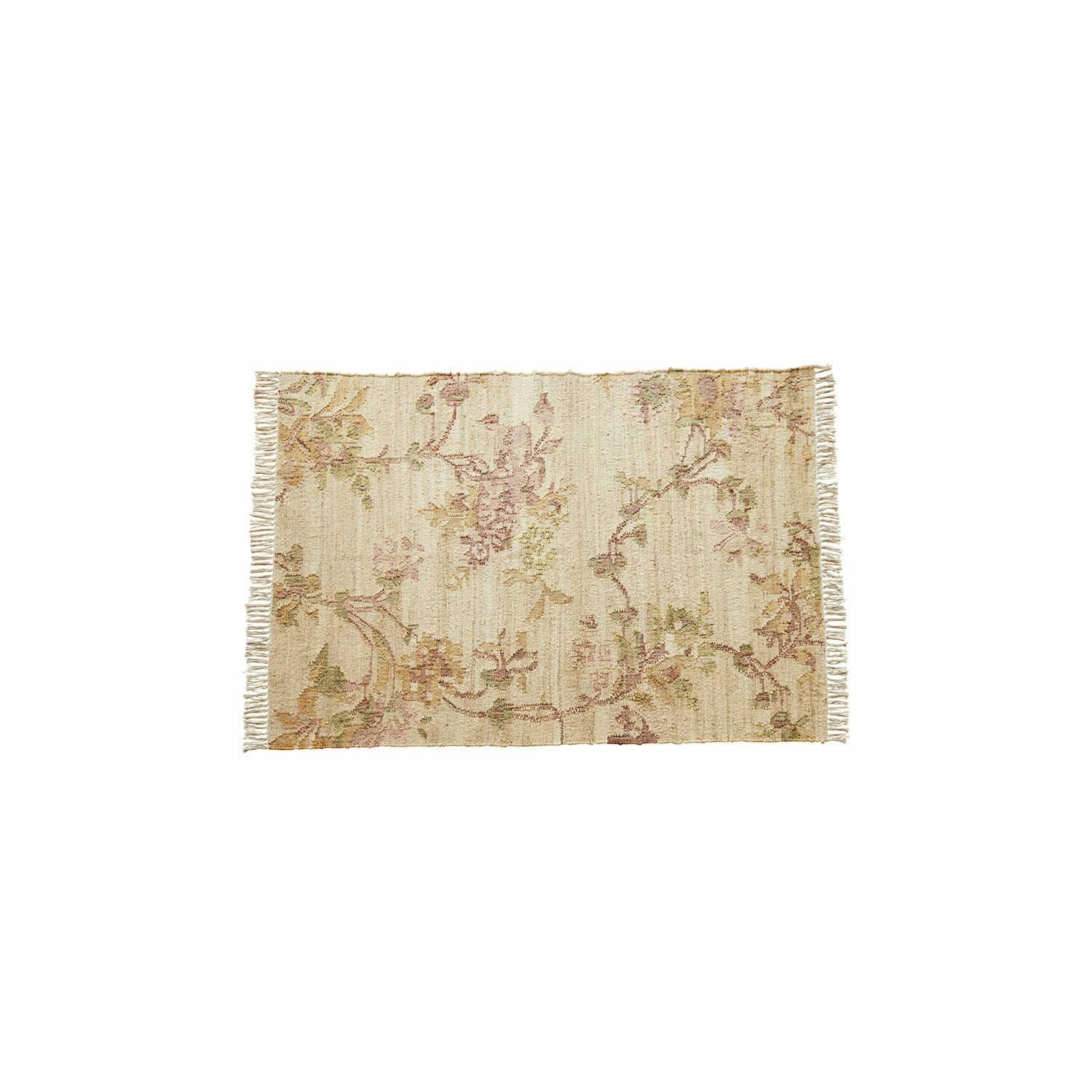 Vloerkleed Sernivou Katoenen crème vloerkleed met subtiel bloemmotief en franjes aan de zijkanten voor interieur